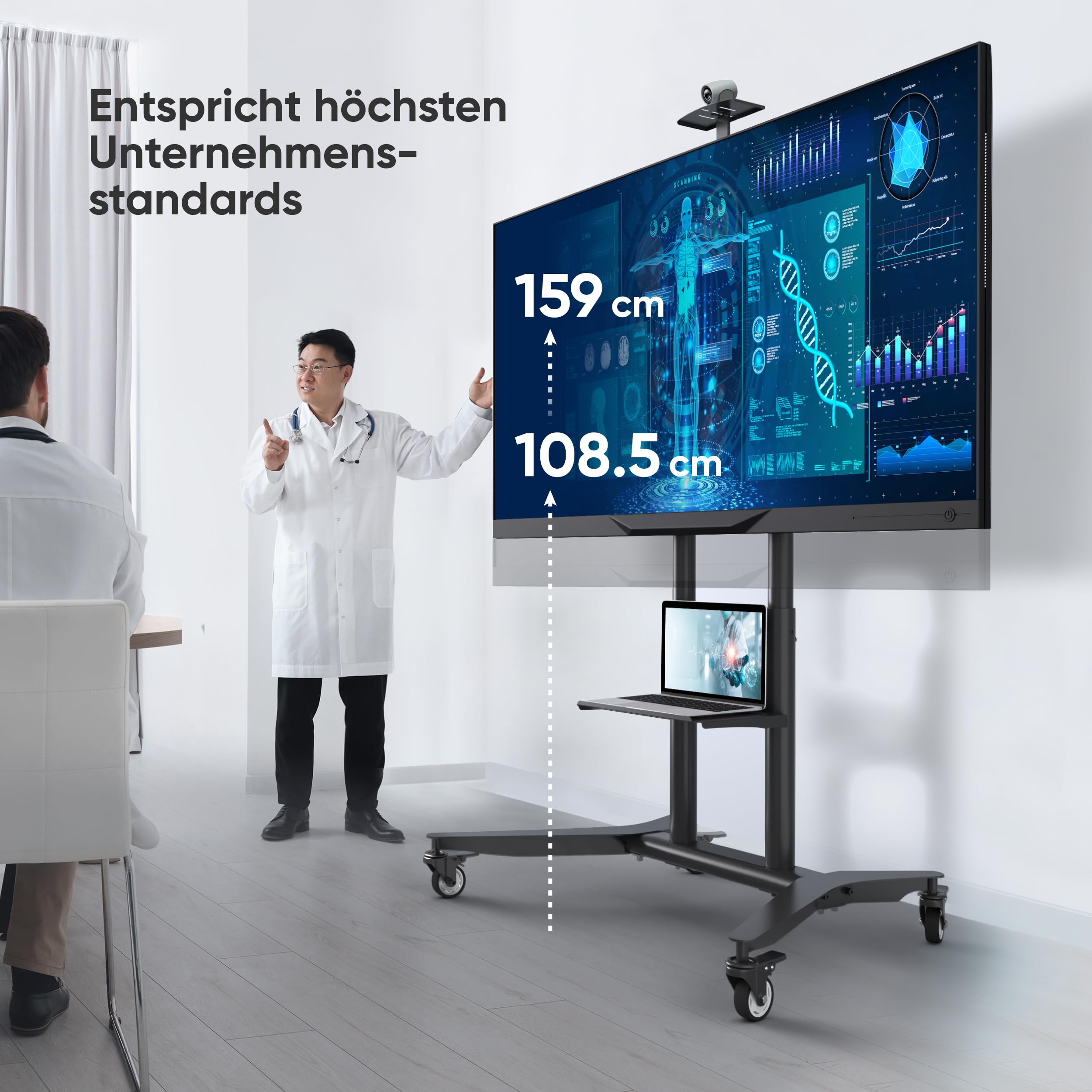 ONKRON TV Ständer rollbar für 55-90 Zoll Fernseher, max Belastung 90 kg, TV Rollwagen höhenverstellbar, VESA 200x200-800x600, professioneller Fernsehständer mit Rollen, Ablage Schwarz TS1871-B