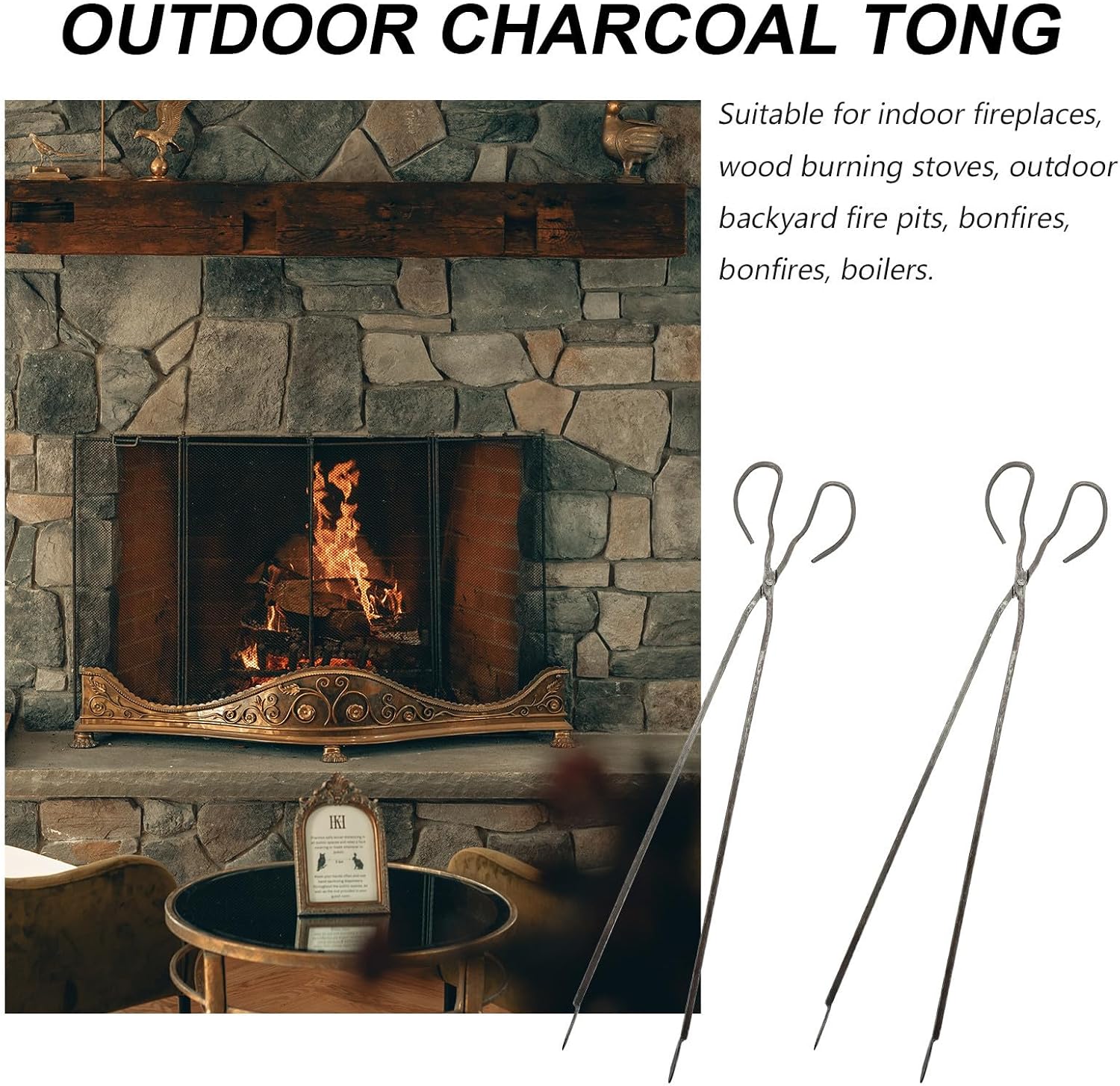 2pcs Fireplace Tongs Long Handle Iron Clamp for Charcoal and Logs