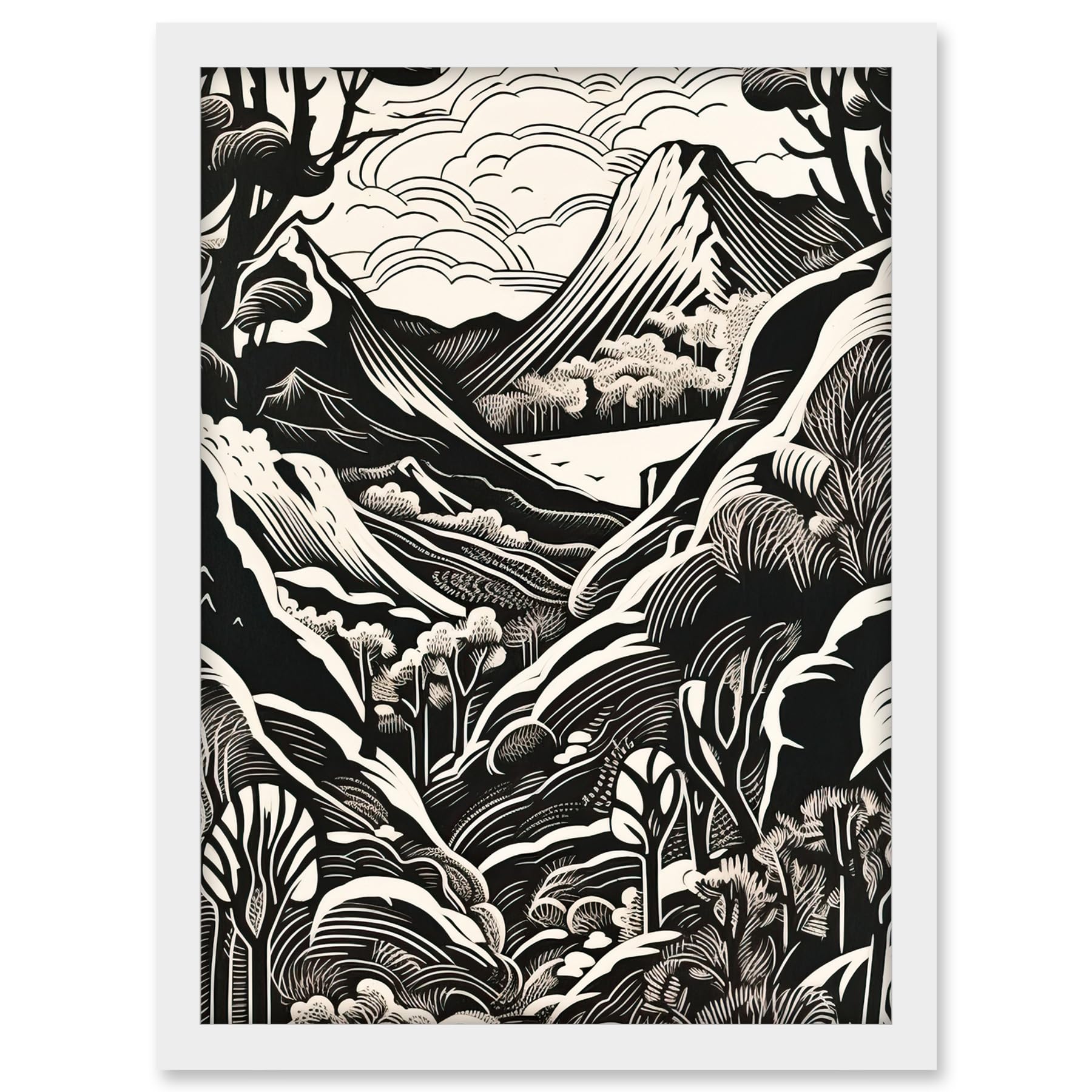 Artery8 Forest Mountain Landscape Black and White Linocut Artwork Framed A3 Wall Art Print