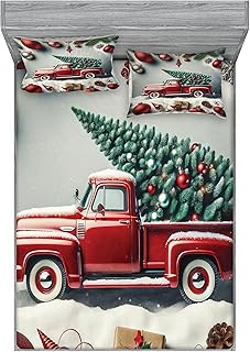 Ambesonne Christmas Fitted Sheet & Pillow Sham Set, Vintage Red Truck with a Pine Tree and Holiday Season Ornaments Snowy ...