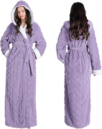 Oksun Womens Long Dressing Gown Robe Full Length Ladies Fluffy Plus Size Fleece Hooded Winter Warm Bathrobe