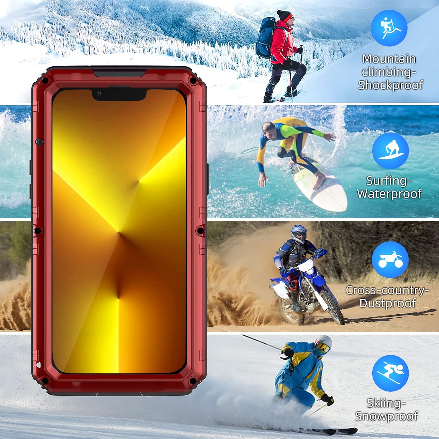 Mitywah Waterproof Case for iPhone 13 Pro, Heavy Duty Military Grade Armor Metal Case, Underwater Full Body Protective Case Shockproof Built-in Screen Protector Strong Rugged Case 6.1 inch, Red