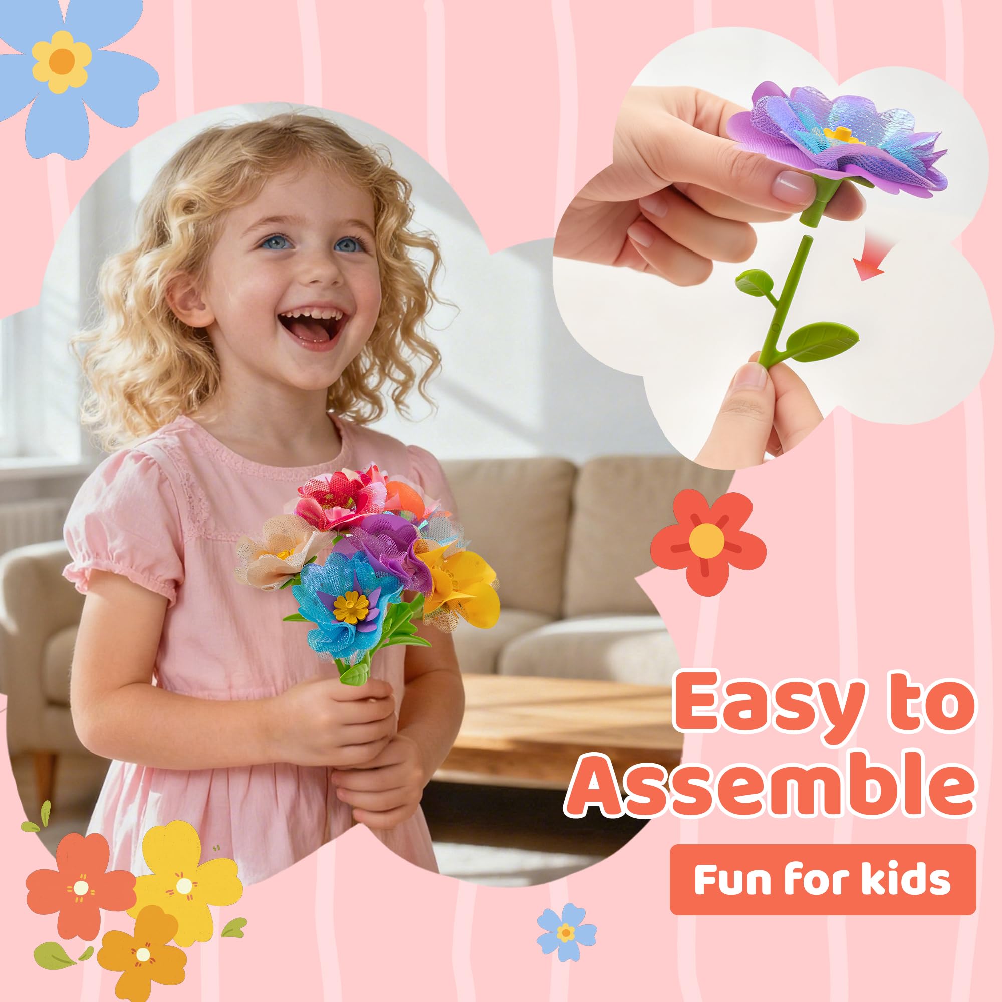 HERMORRYSS Kit De Manualidades De Flores – Set De 162 Piezas Para Hacer Ramos DIY – Pétalos De Tela Y Accesorios Para Niñas 3-8 Años