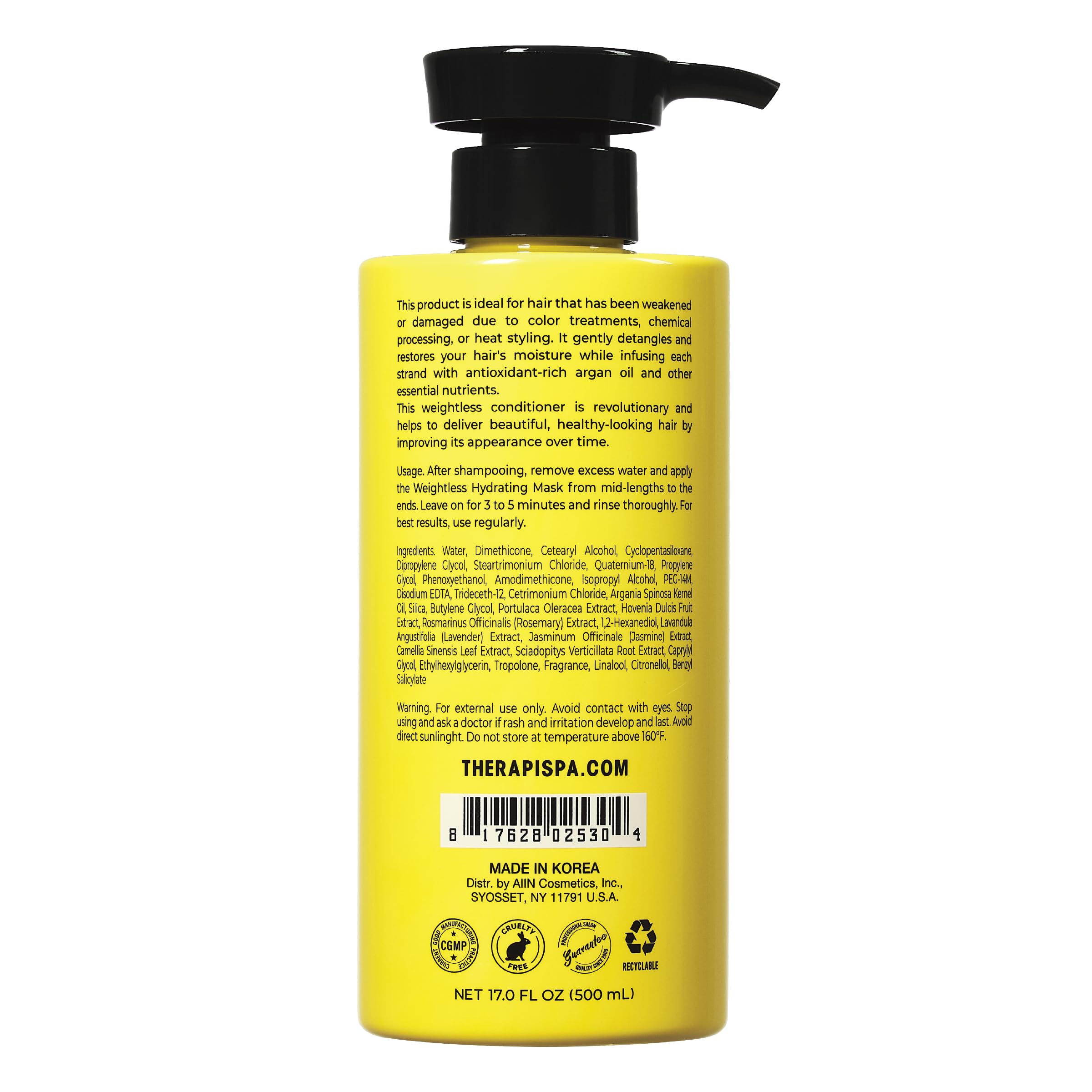 THERAPISPA Weightless Hydrating Mask [Post-Shampoo] – Deep Moisture, Shine & Repair for Dry, Damaged, Curly or Color-Treated Hair – Lightweight, Frizz Control & Softness, 17.0 fl oz