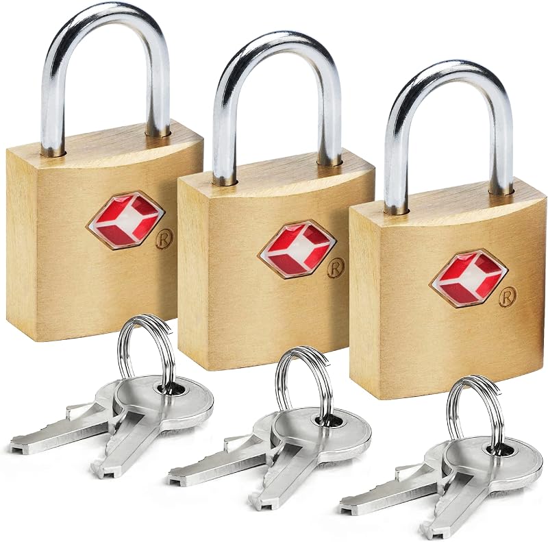 Lewis N. Clark Mini Brass Square TSA Lock + Padlock for Luggage, Suitcase, Carry On, Backpack, Laptop Bag or Purse - Perfect for Airport, Hotel, & Gym, 2 Keys Included - 3-Pack