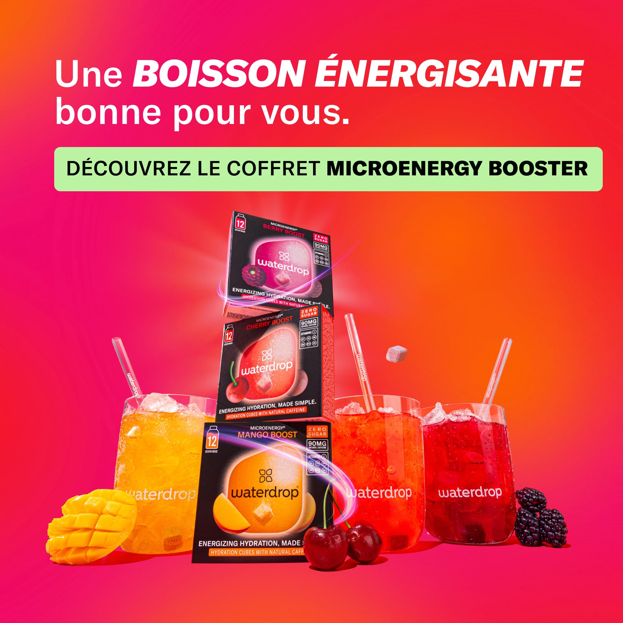 waterdrop® Coffret Microenergy, Boisson Énergisante Sans Sucre, Boisson Gazeuse aux Arômes de Mûre, Mangue et Cerise, 36 Cubes Effervescents avec 90 mg de Caféine Naturelle, Vitamines B et C