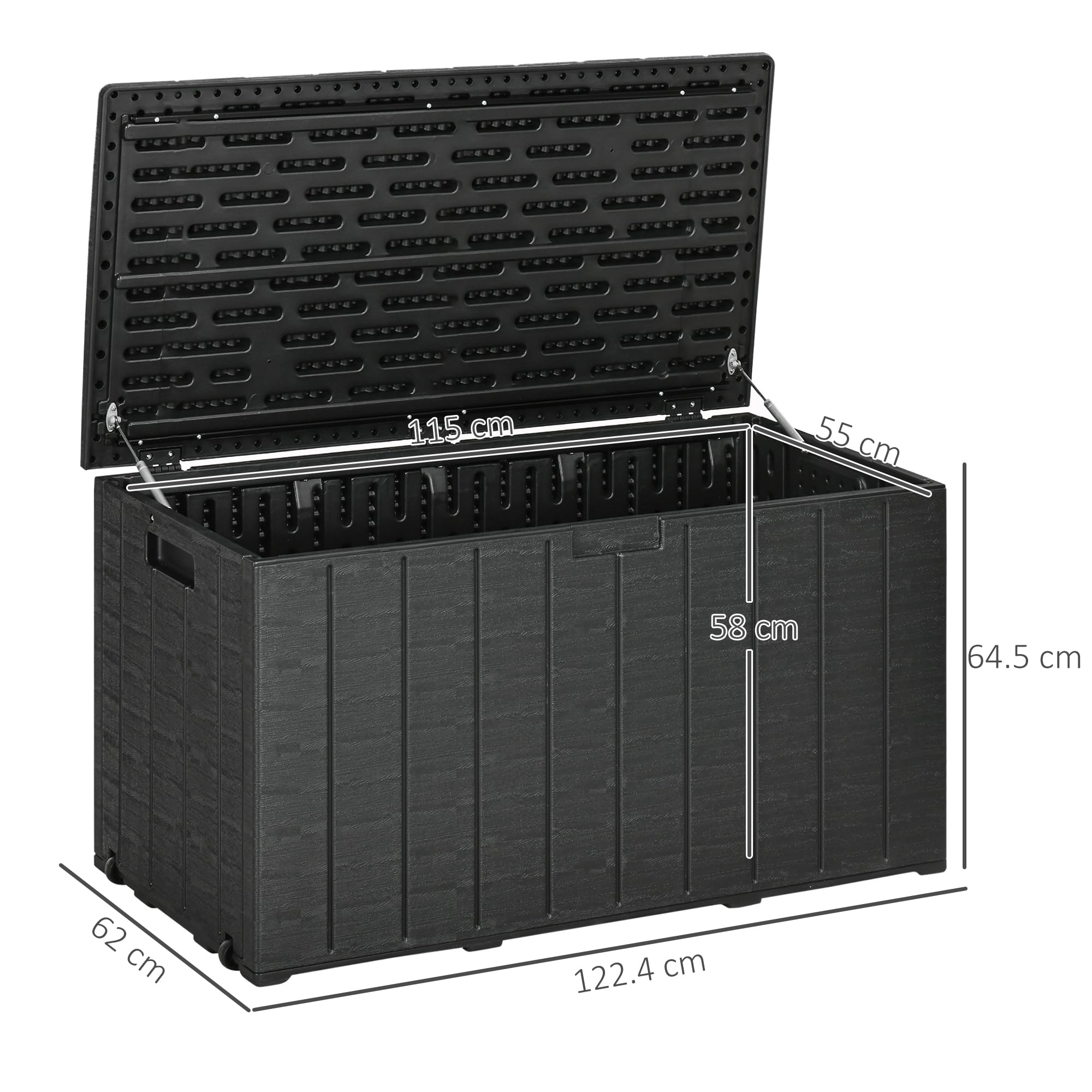 Outsunny Baule da Esterno da 366L Effetto Legno con Coperchio a Doppia Leva, 2 Maniglie e 2 Rotelle, Cassapanca Contenitore da Esterno in Plastica, 122.4x62x64.5 cm, Nero