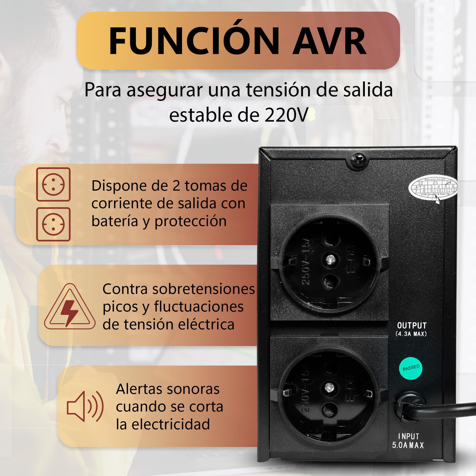 SAI Sistema de Alimentación Ininterrumpida - Ups Router 650VA (360W) 230V - Estabilizador de Corriente Interactive Senoidal AVR 2X Schuko Tomas con Pantalla LCD - SAI Router