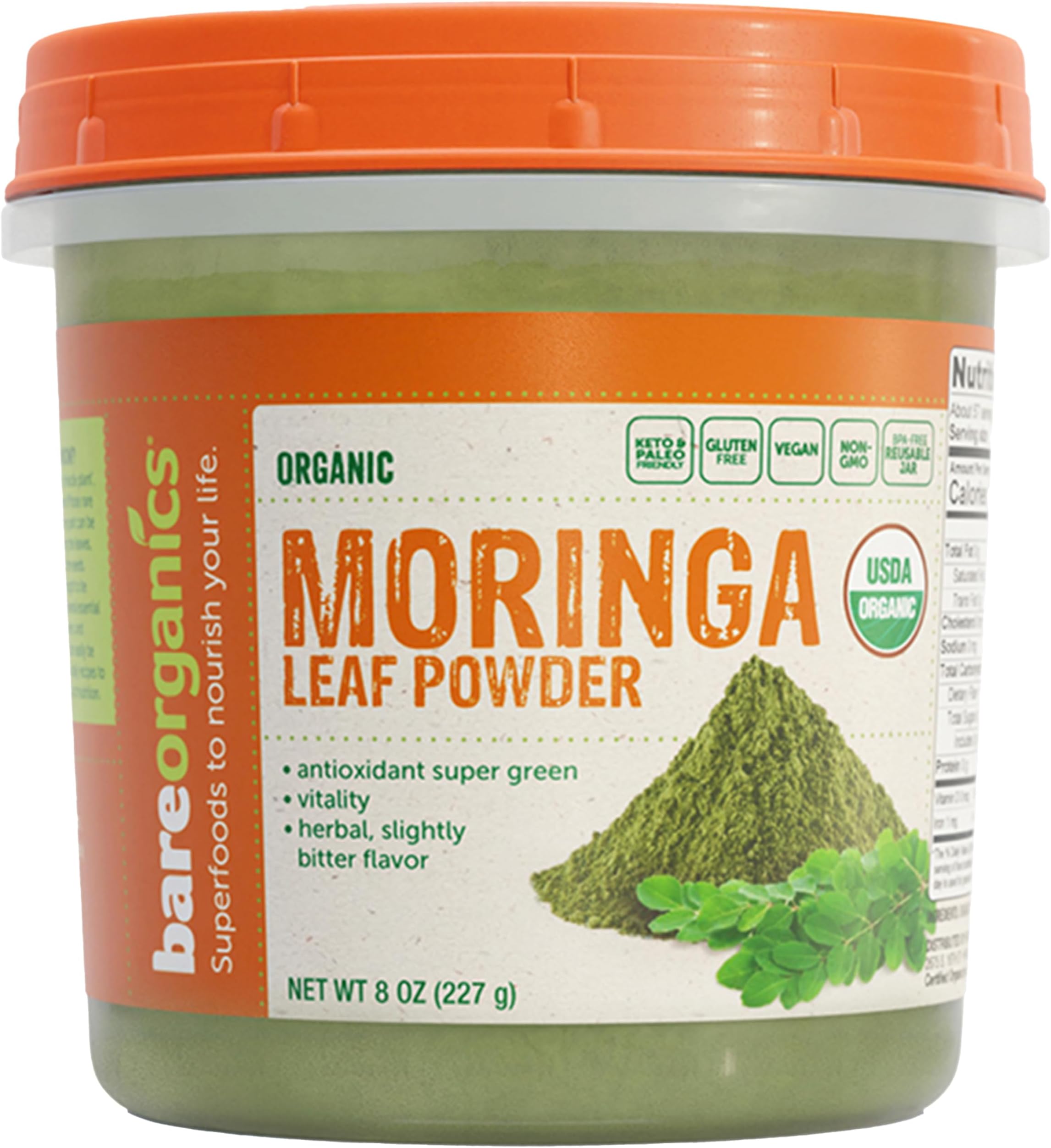 BareOrganics Moringa Leaf Superfood Powder, Organic, Vegan Supplement, 8 Ounces