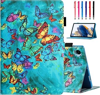 for Samsung Galaxy Tab A8 10.5 inch Case 2022, PU Leather Stand Protective Cover, Auto Wake/Sleep with Pen Holder & Card Slots for 10.5" Galaxy Tab A8 [SM-X200/X205/X207], Green Butterflies