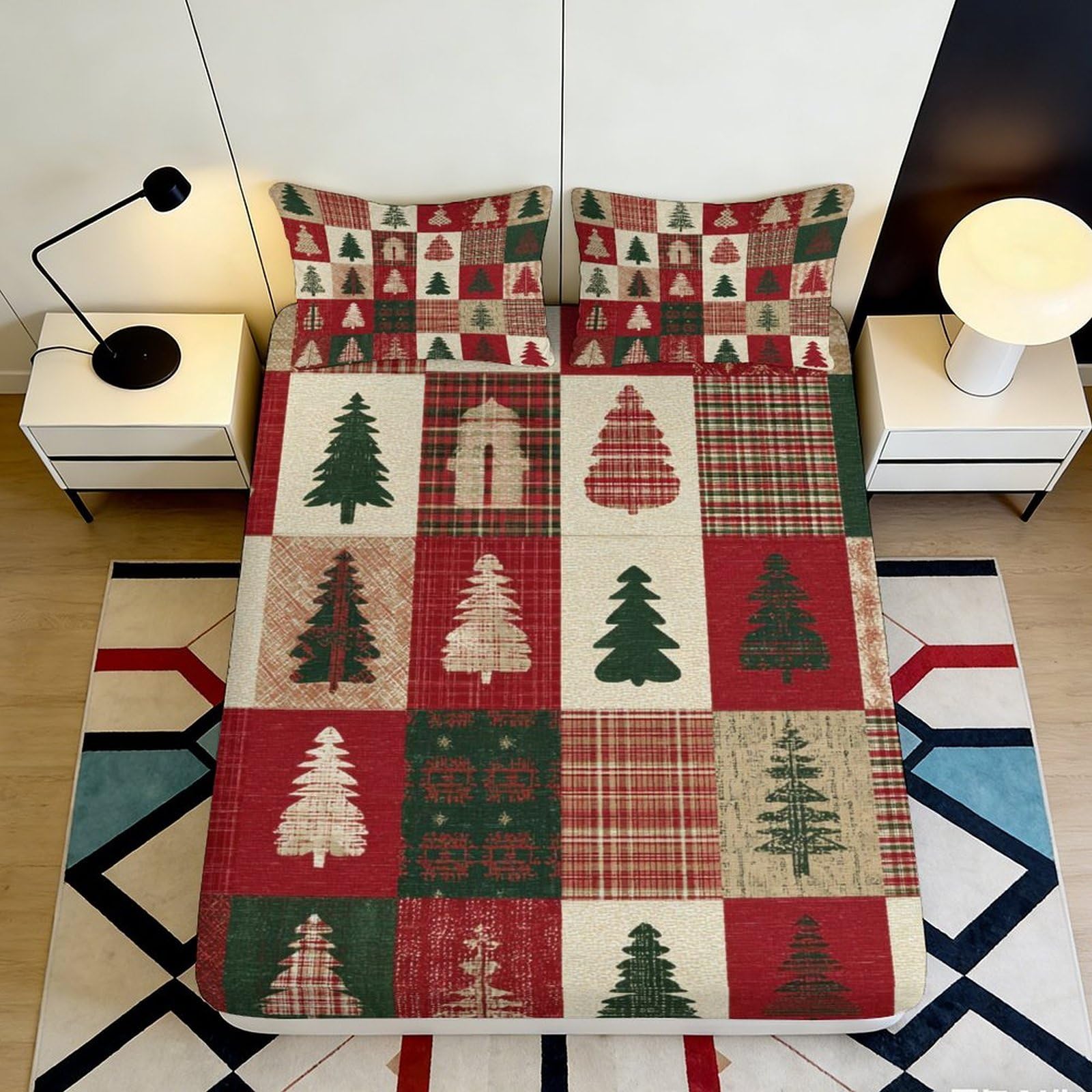 3D Printed Christmas Patchwork Fitted Sheet Microfiber Red Green Tree Bed Cover for Bedroom Guest Room Decor 90x200x25cm