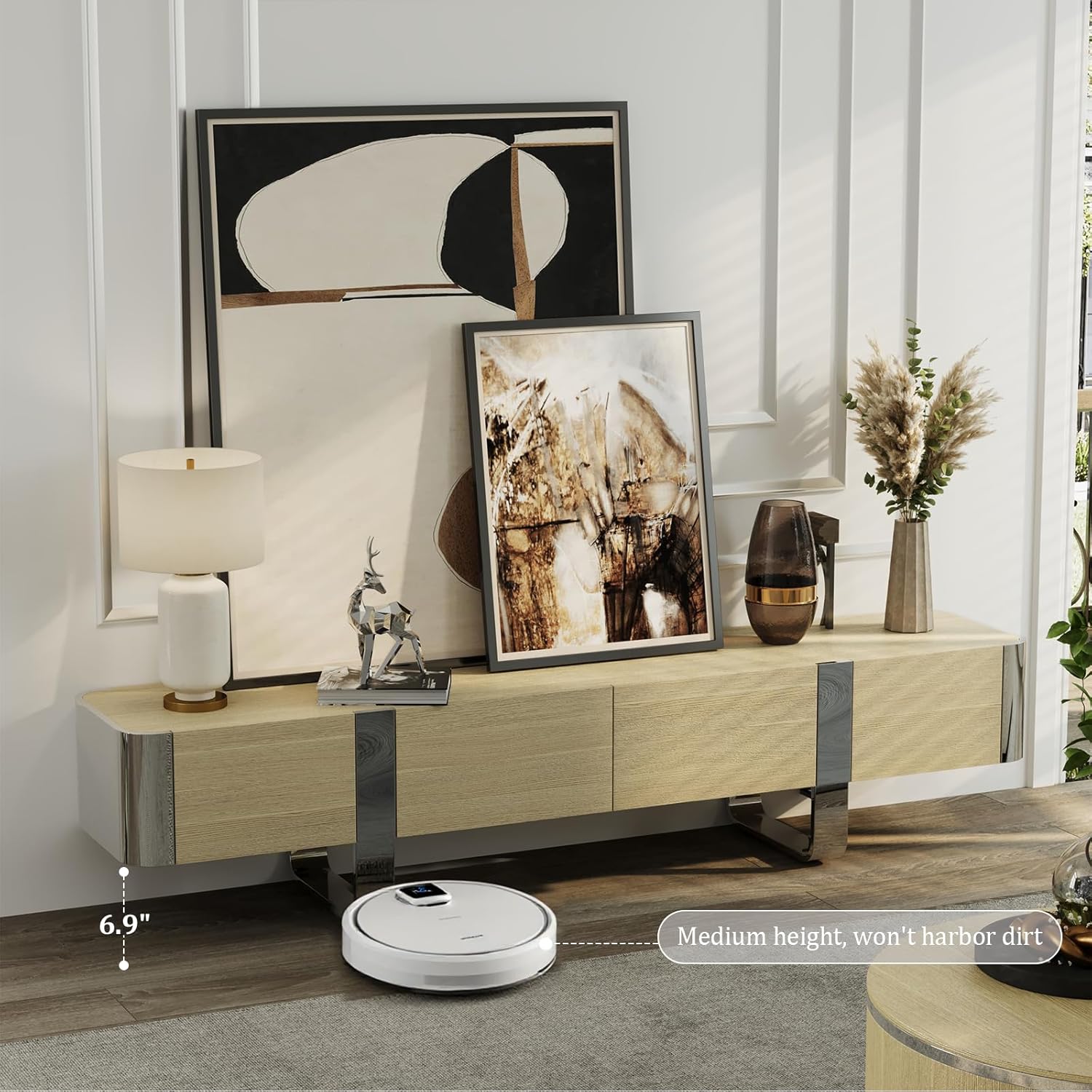 79 Inch Wood TV Stand Modern Media Console with 2 Drawers & 2 Storage, U-Shaped Silver Mirrored Legs Minimalist Design for Living Room, Office, Bedroom