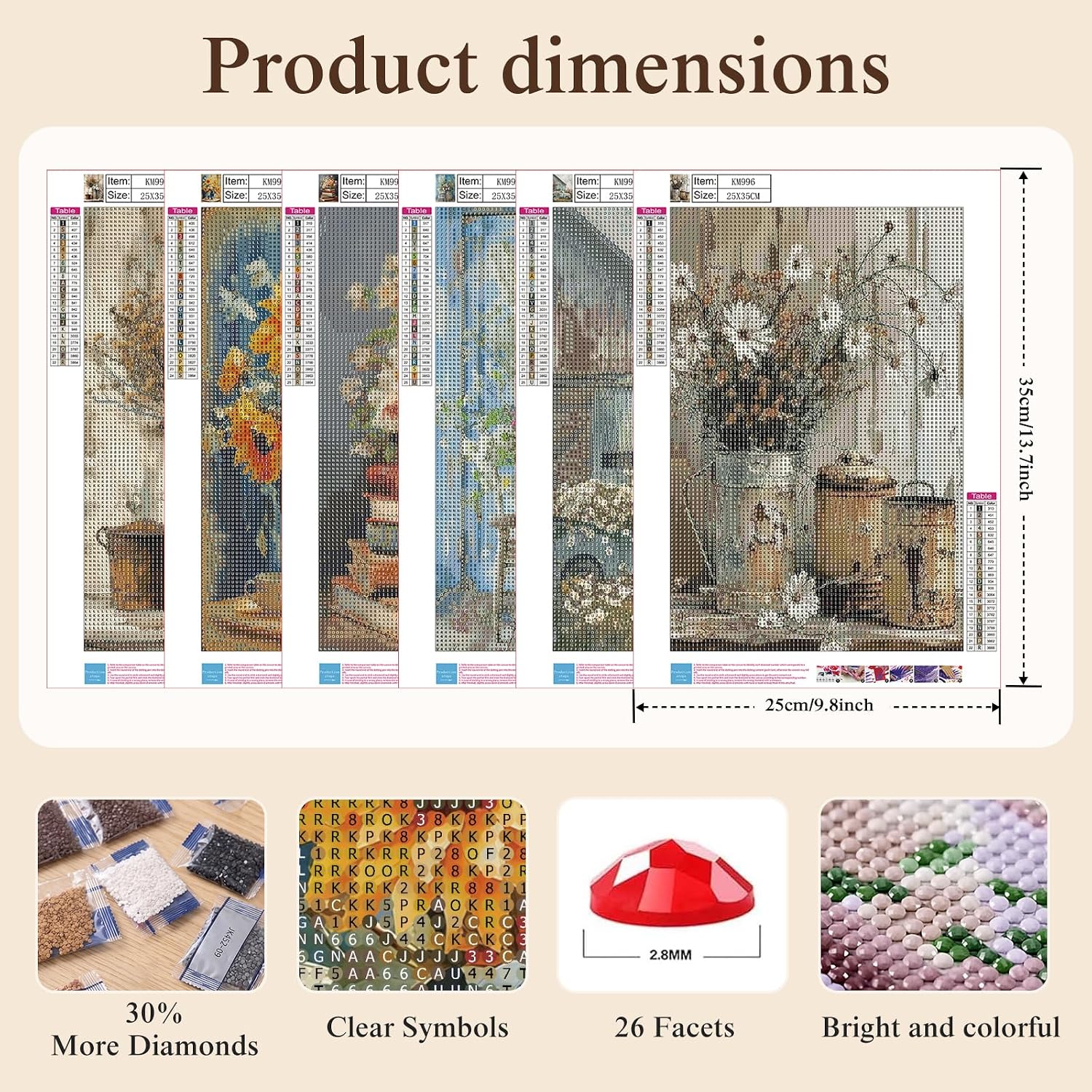 CSZPPQAF 6 Pack Vintage Floral Diamond Painting Kits for Adults, Full Drill Rustic Farmhouse Flower Diamond Art for Home Wall Decor, 9.8x13.7Inch