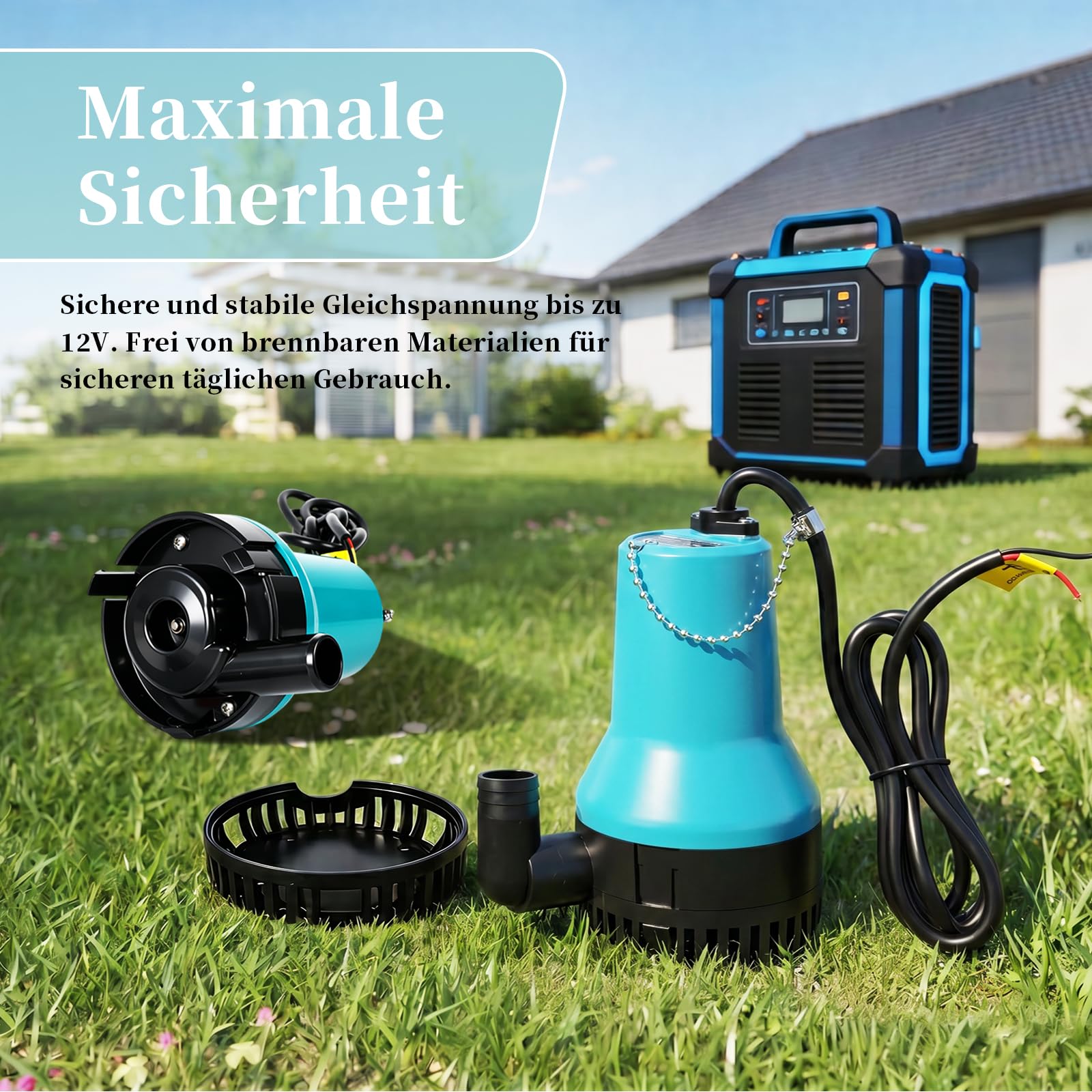 Pompe immergible 12V Pompe à eaux usées DC 50W 4200L/H – Pompe submersible compacte pour piscine, étang à poissons, bassin | Câble 2,3 m + Collier de serrage