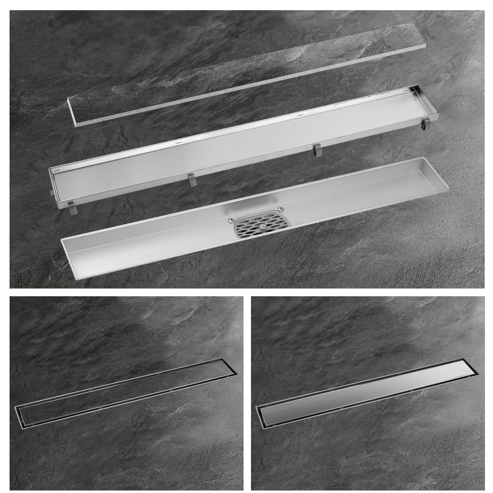 Canaleta de Ducha 70cm, 2 en 1 Desagüe Ducha INOX con Sifón 360° | Plateado,304 Inox, Kit Completo, Filtro Antiolores y para Cabello,Insertable en Azulejos, Drenaje Rápido, Fácil de Limpiar