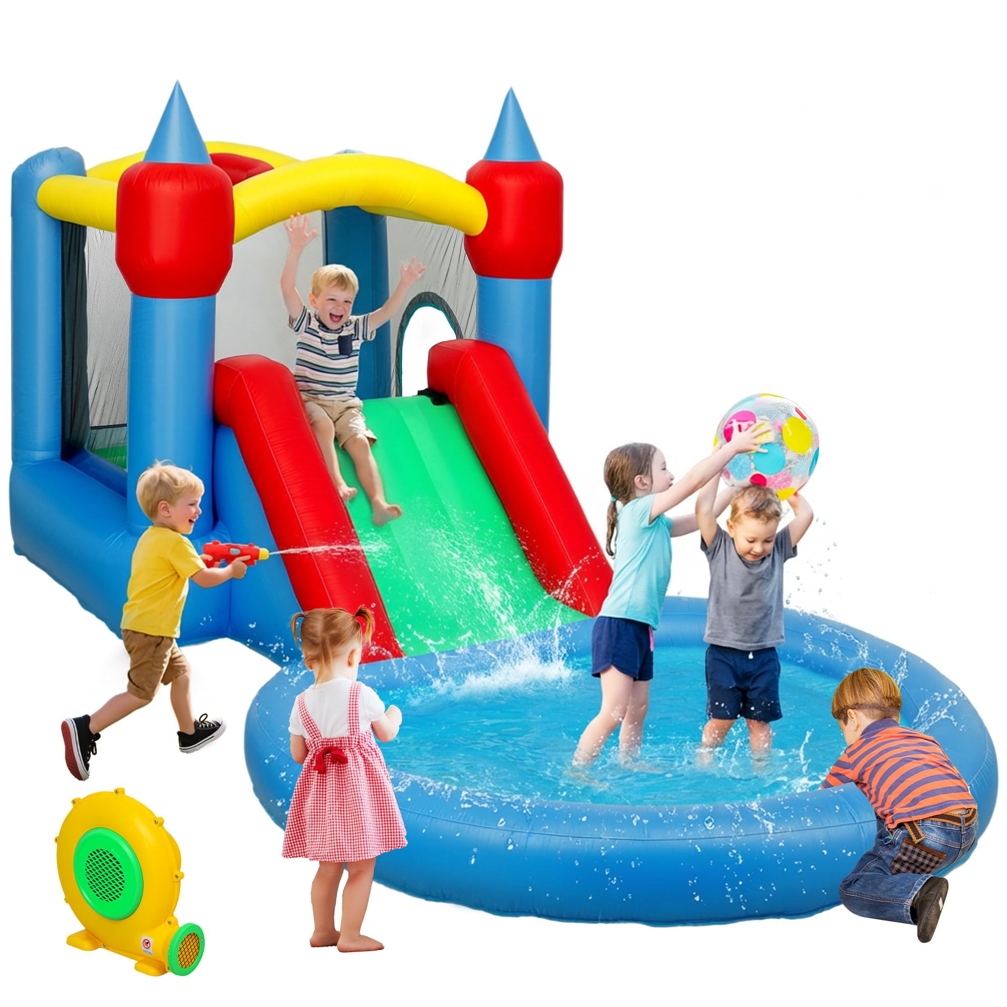AIYAPLAY Hüpfburg mit Gebläse 4 in 1 Hüpfburg, Rutschen, Trampolin, Basketballkorb, Ballpool, für drinnen und draußen, bis zu 3 Kinder 3-8 Jahre alt