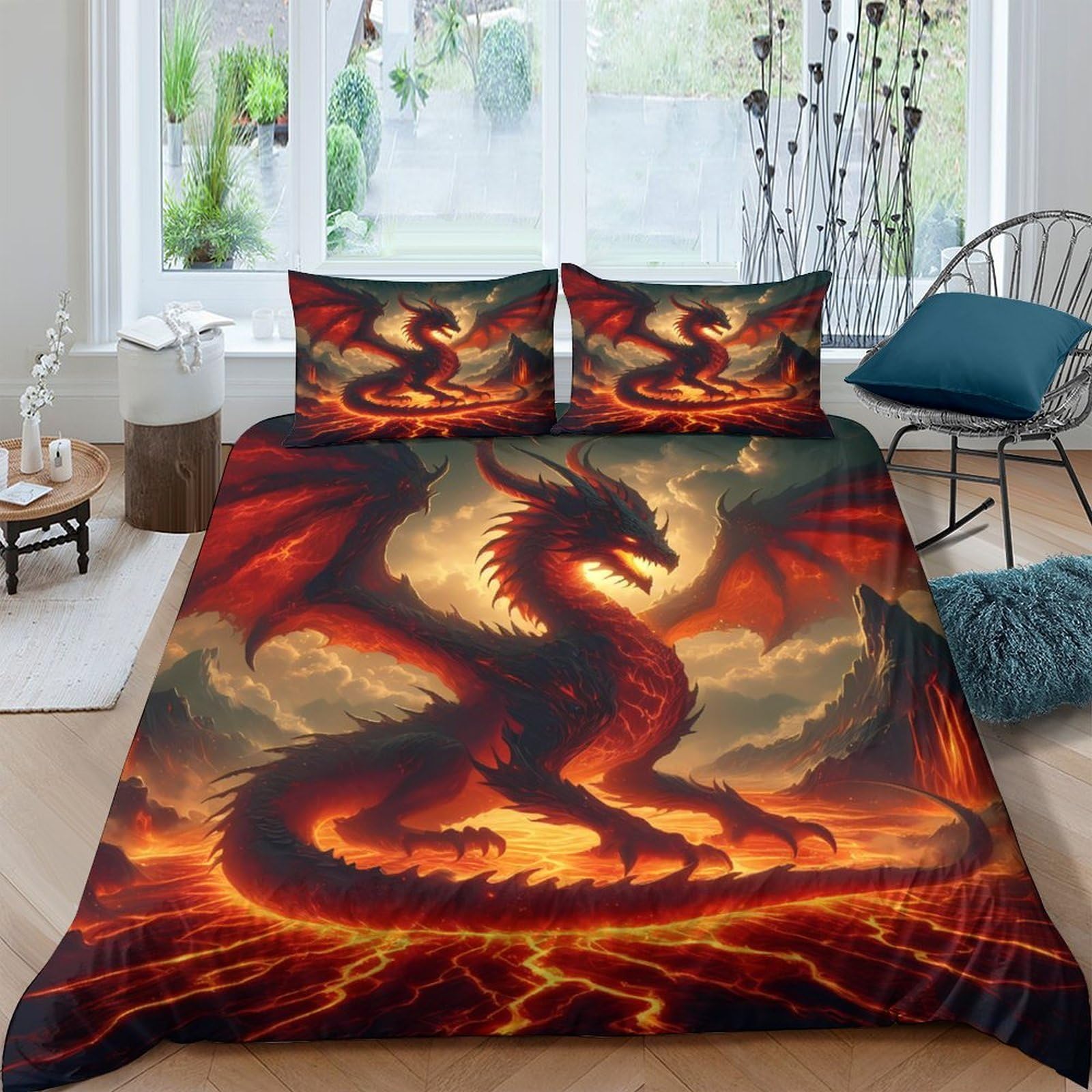Ctjqhvkz Style-6 3D Printed Red Dragon Fitted Sheet Microfiber Soft Breathable Volcano Bed Cover For Bedroom Dorm Mattress Decor Single（135X200cm）