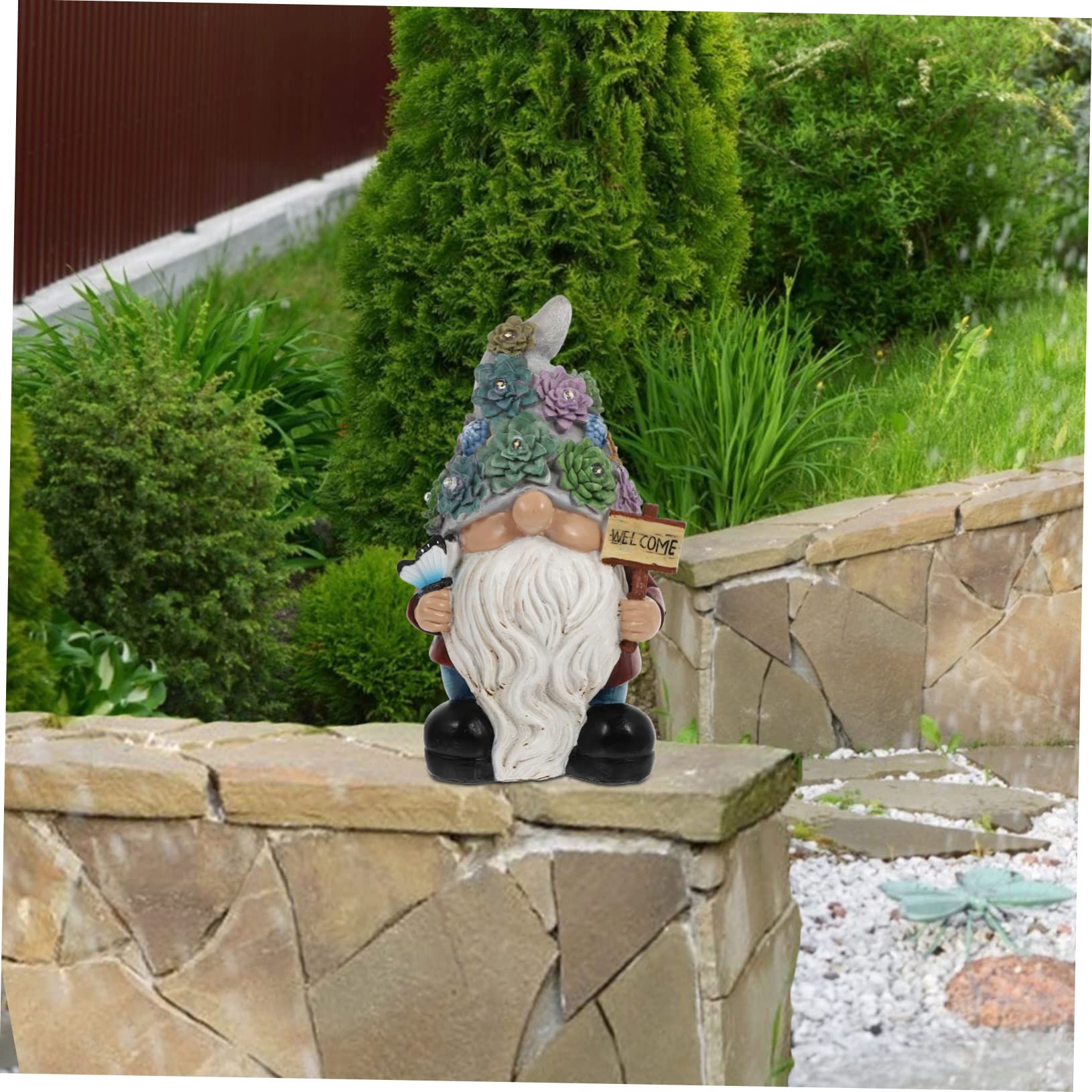 Gnomo da Giardino in Resina Verde Luce Solare, Cartello di Benvenuto, Resistente alle Intemperie, per Casa e Cortile