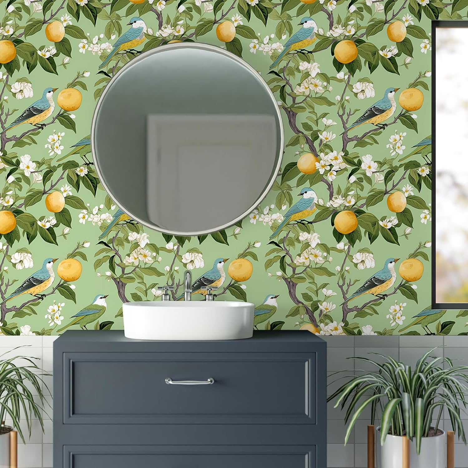 VEELIKE Retro Bird Wallpaper Stick and Peel Vintage Fruit Wallpaper for Kitchen Bathroom Bedroom 17.7''x354'' Prepasted Floral Wallpaper Peel and Stick Green Contact Paper for Cabinets Drawers Shelves