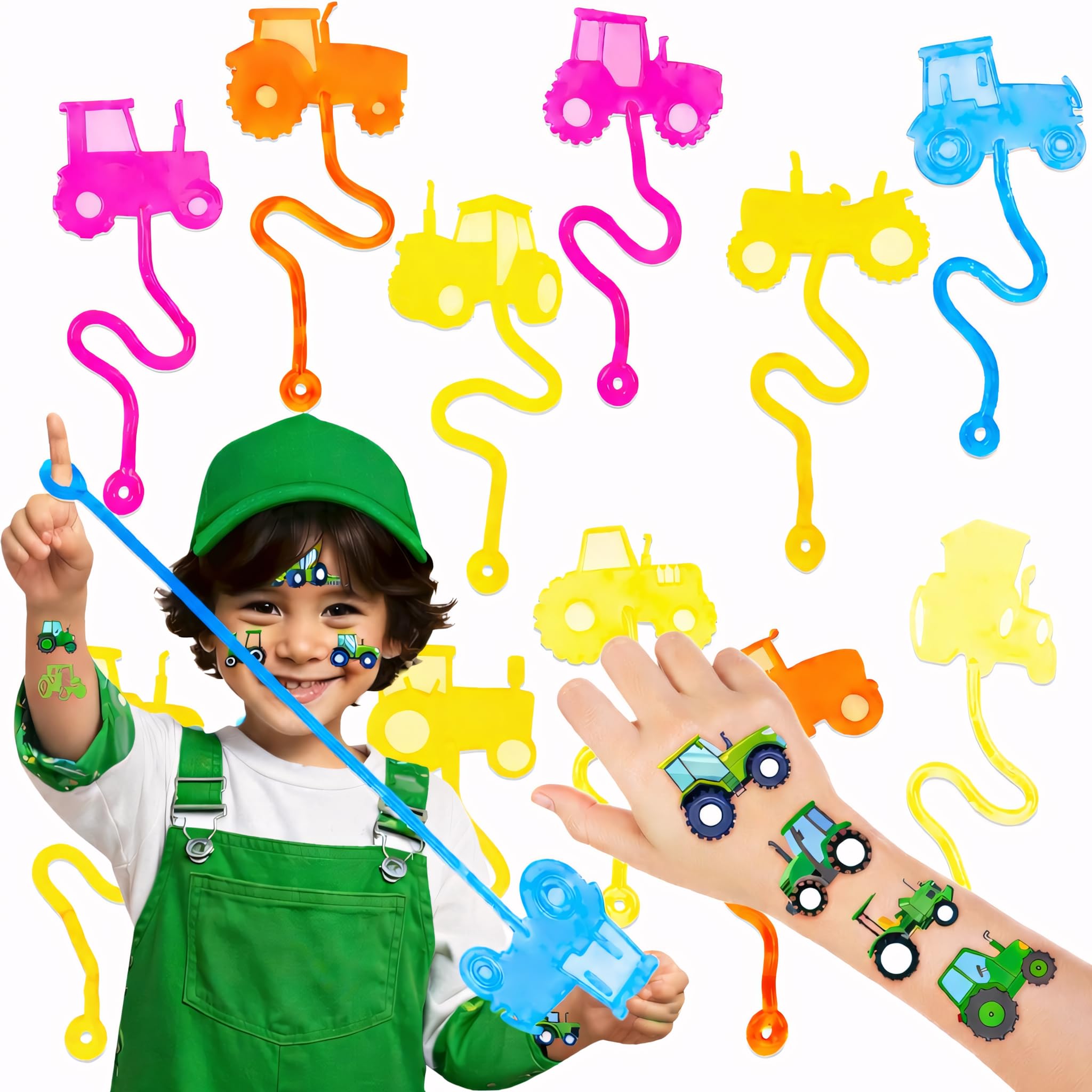 36PCS Tractor Party Favors - 24PCS Temporary Tattoos 12PCS Stick Hands Perfect Birthday Supplies for Kids Stretchy Fidget Goodie Bag Stuffers Treasure