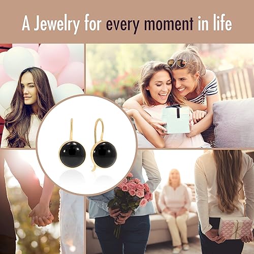 Miniatura 9 de 14K Gold Onyx Earrings - 14K Solid Yellow Gold Black Gemstone Drop Earrings, Dainty 8mm Round Stone, December Birthstone Leo Star Sign Birthday,