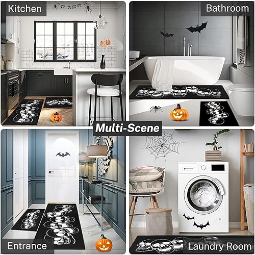 Miniatura 7 de Arttown Juego de 2 alfombras y tapetes de cocina de Halloween, antideslizantes, lavables, tapetes de cocina para piso, alfombra de cocina negra,