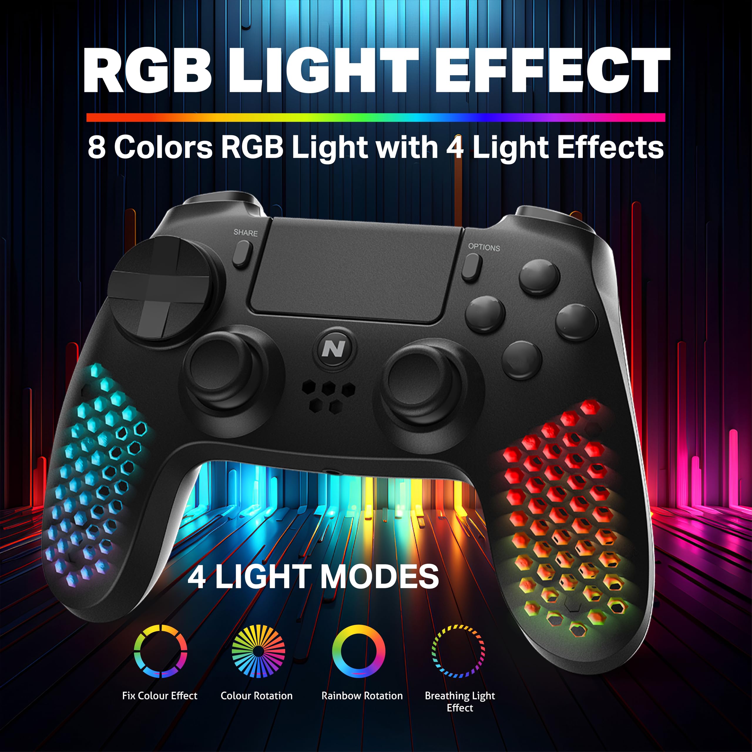 NITHO Wireless Controller per PS4/PC/Android/iOS/PS3, Controller di Gioco con Sensore a 6 Assi, Luci RGB LED, Doppia Vibrazione, Jack Audio da 3.5 mm, Gamepad Joystick per PS4/PC