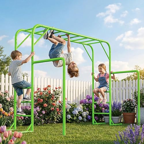 Monkey Bar Set Outdoor with Climbing Frame, Gymnastics Bars, Playground Sets for Backyards, Metal Monkey Bars for Kids Age 3+, with 8 Anchors, Backyard Set with Powder Coated Steel, Green