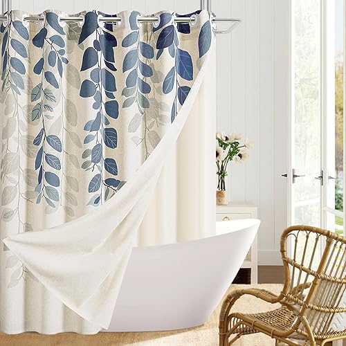SMABU Cortina de ducha sin gancho con forro a presión, cortina de ducha de lino azul y crema, no necesita ganchos, bonita cortina de ducha de