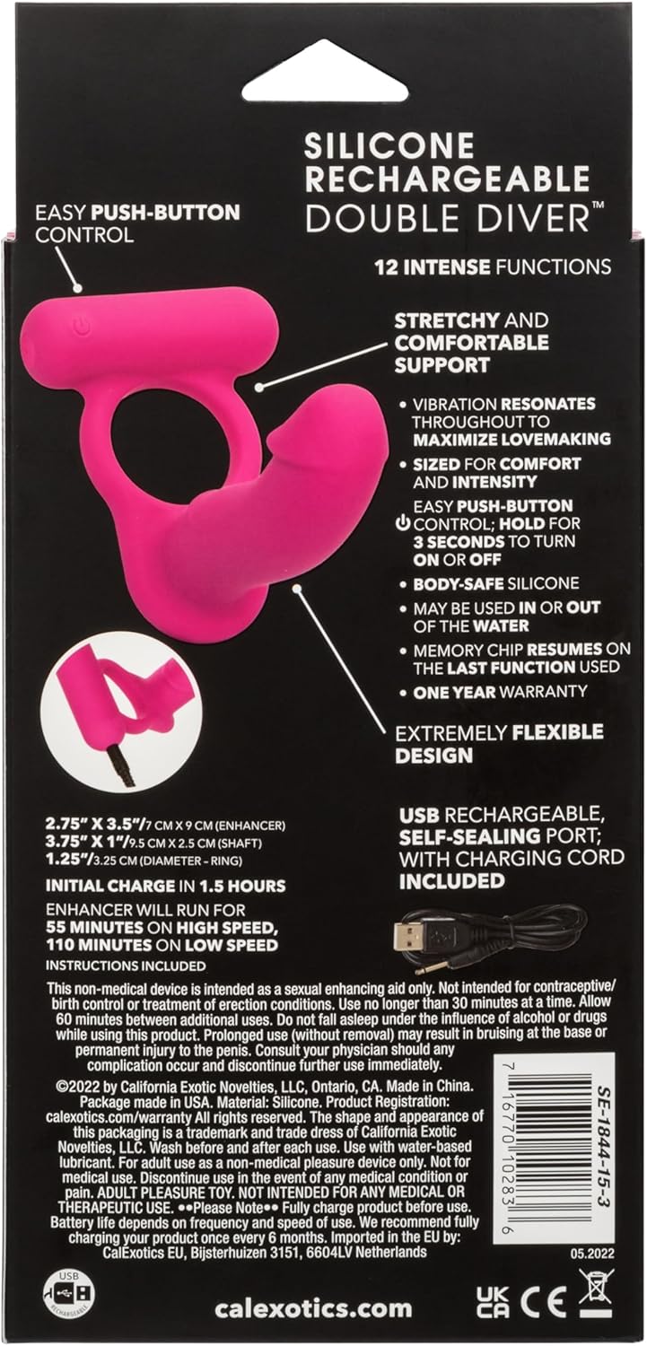 CalExotics Silicone Rechargeable Double Diver – Rechargeable Pleasure Probe Ring – Waterproof Massager Sex Toy for Couples – Pink