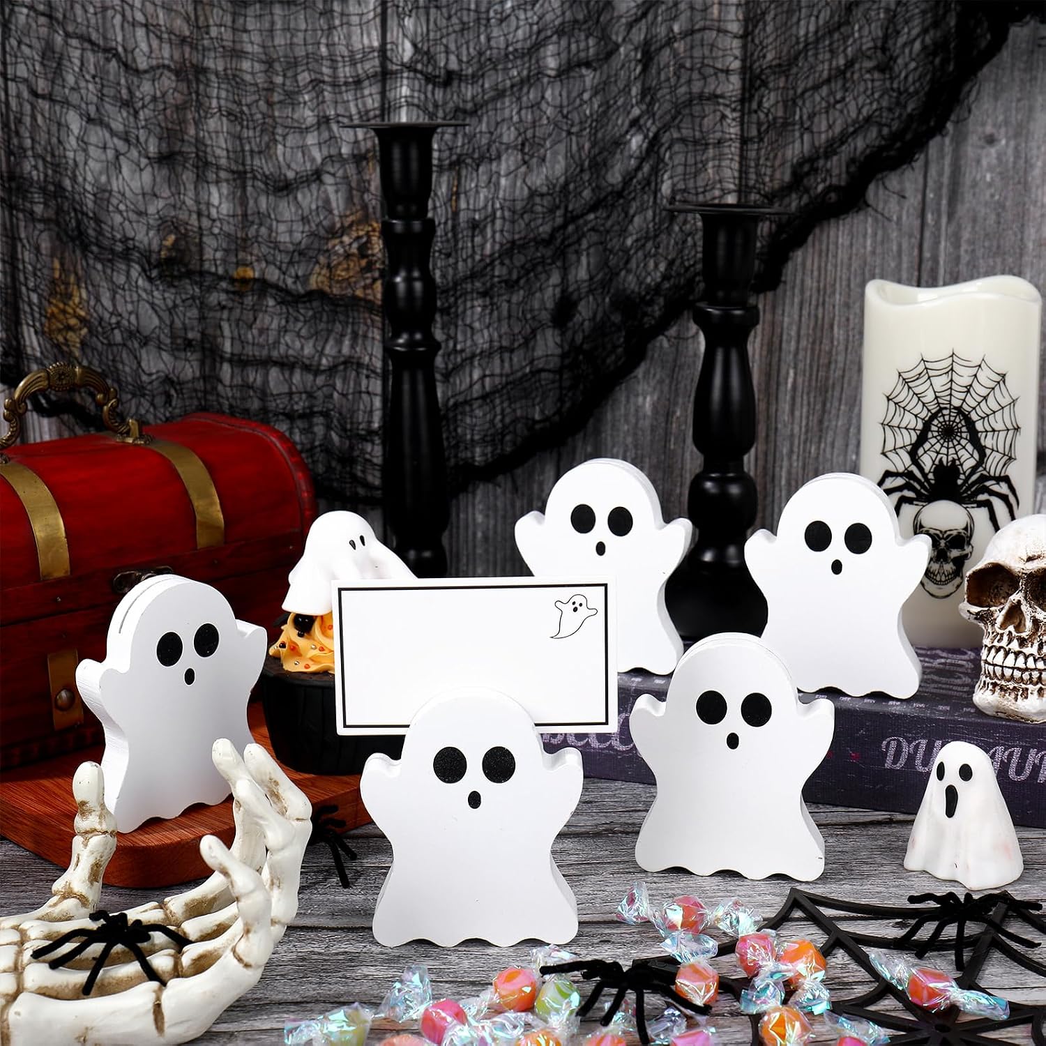 Whaline 12 Pcs Halloween Wooden Place Card Holders with Name Cards White Ghost Table Number Holder Display Stand for Party Home Office Table Setting Supplies