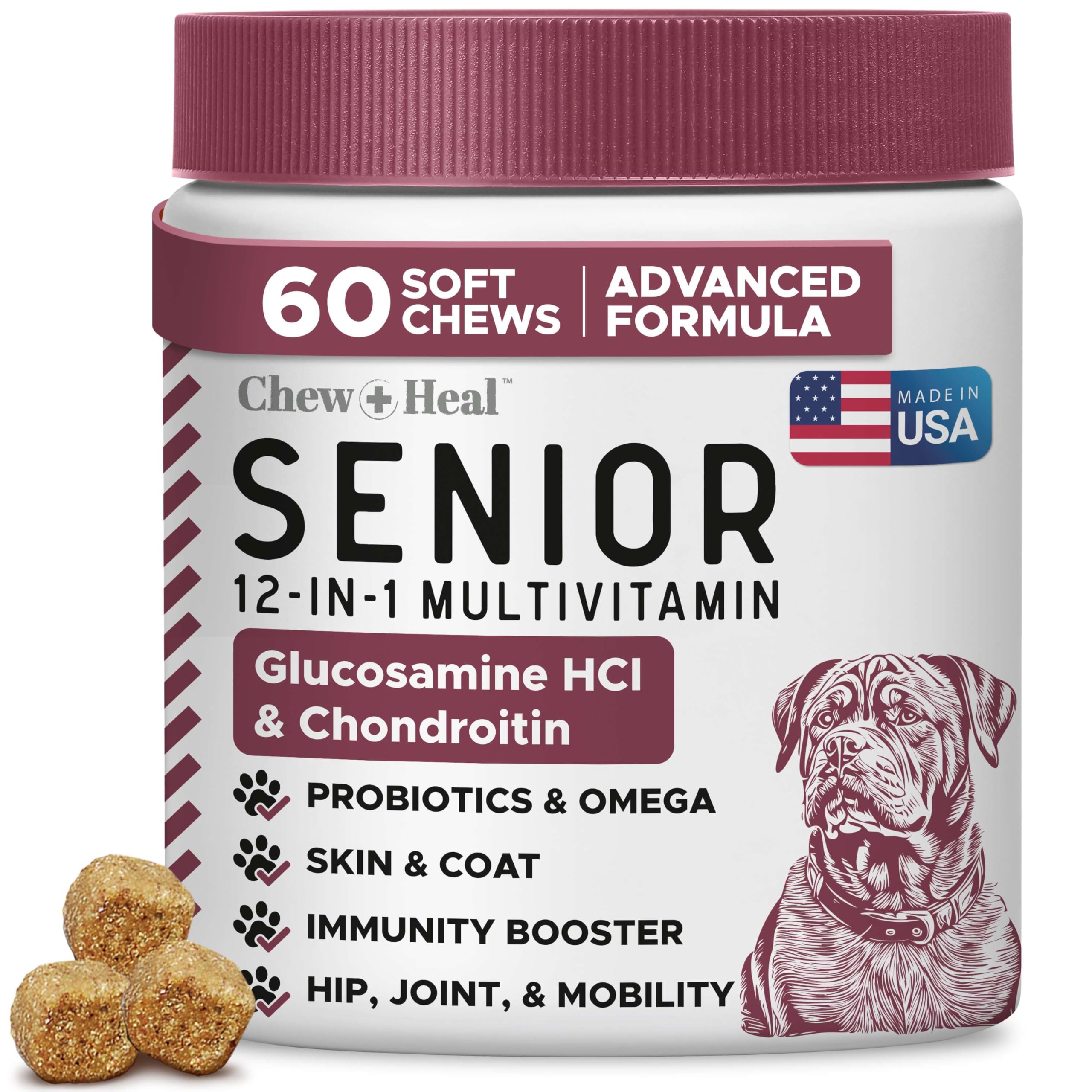12-in-1 Multivitamin for Senior Dogs - 60 Senior Dog Vitamin and Supplement Soft Chews for Hip and Joint - Advanced Formula with Glucosamine, Omega 3,6,9, Vitamins, Probiotics - Made in The USA