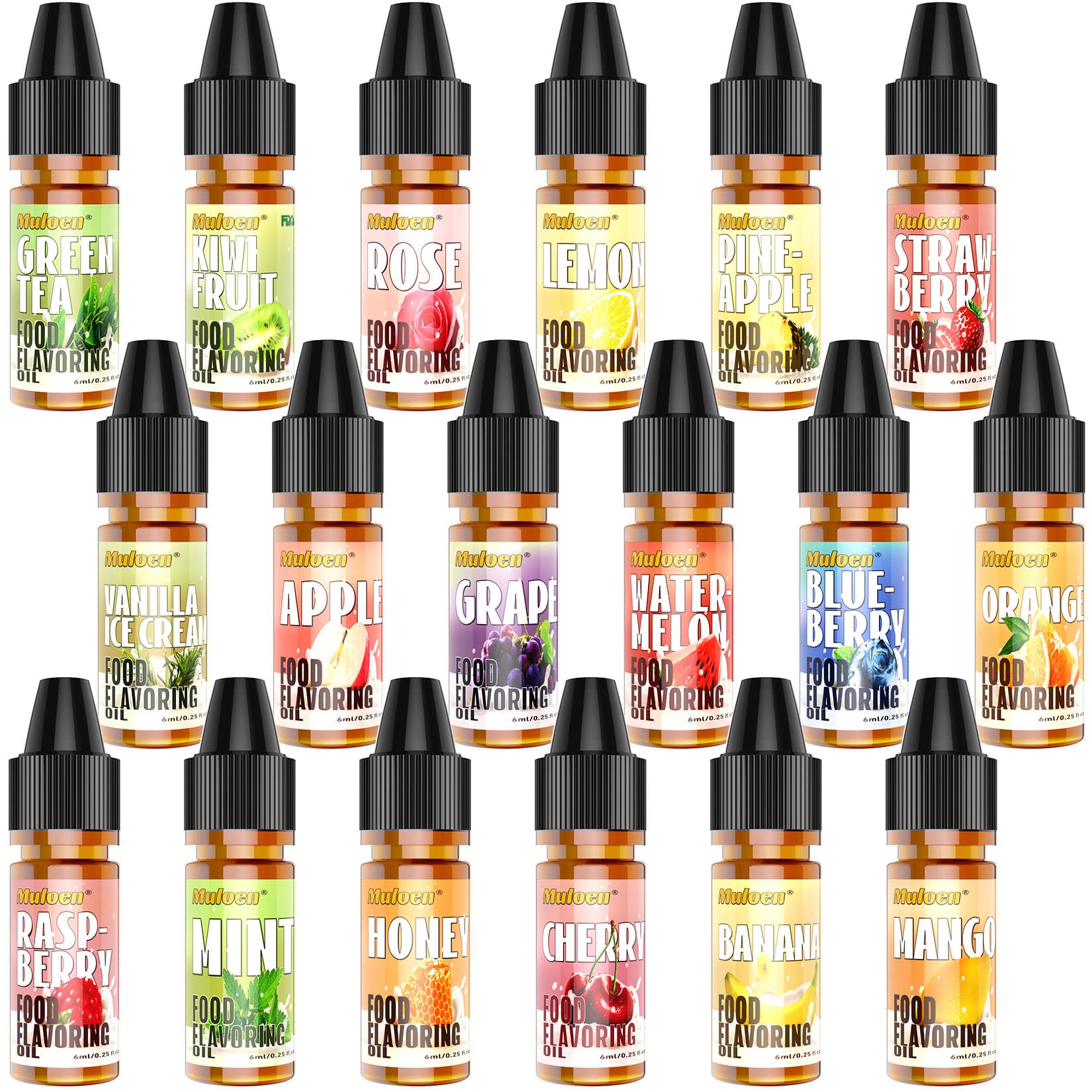 Food Flavoring Oil, 18 Flavors Candy Flavoring, Concentrate Imitation Flavor Extract for Baking, Lip Gloss, Drinks, Cooking, Soap - Water & Oil Soluble - .25 Fl Oz (6 ml) Bottles