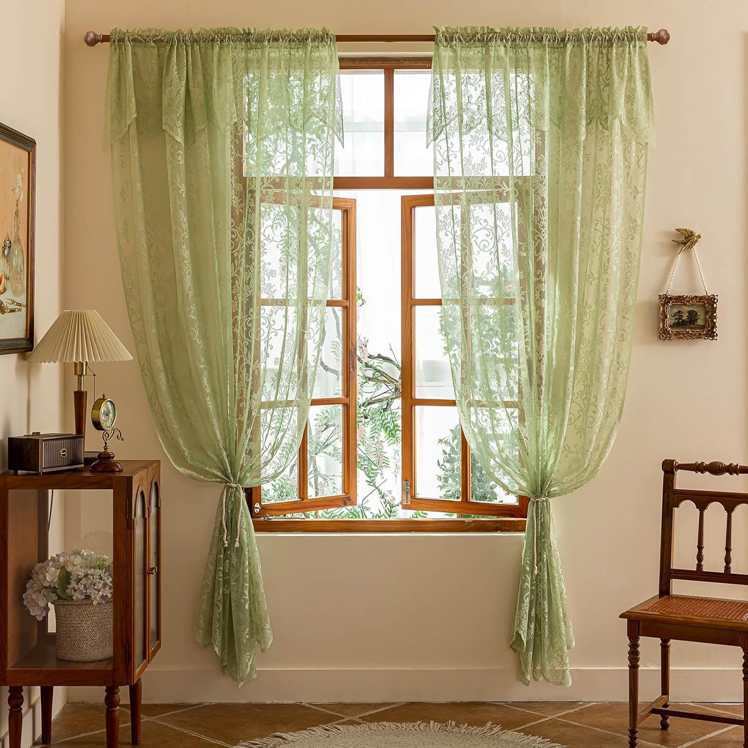 WUBODTI Sage Green Lace Curtains with Valances Attached 96 Inches Long 2 Panels, Vintage Floral Patterned Semi Sheer Curtain with Valance Rod Pocket Lace Drapes for Living Room Bedroom Balcony