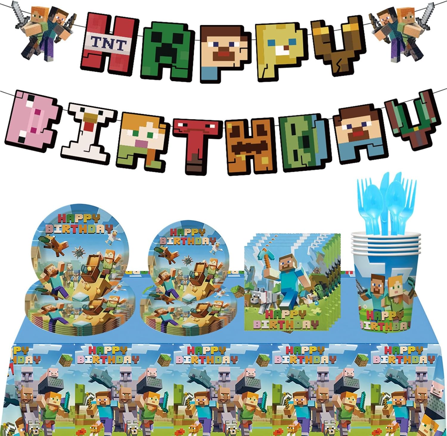 Pixel Birthday Party Decorations, Gamer Party Tableware Set Including Paper Plates, Banner, Napkins, Paper Cup, Tablecloth, Fork, Knife, Spoon