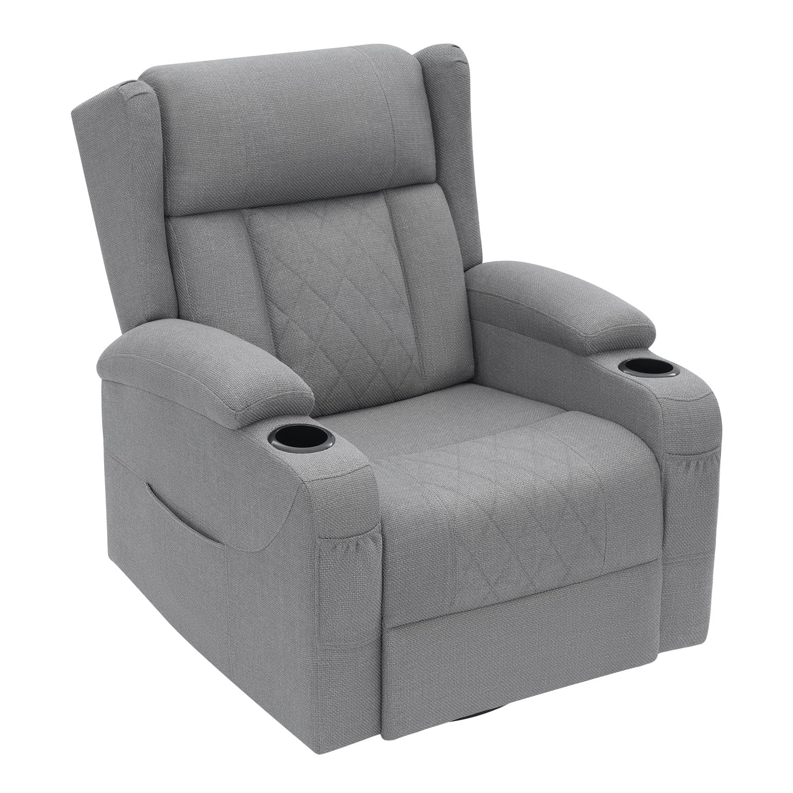 WOLTU Poltrona Relax con Schienale e Poggiapiedi Regolabili, Poltrona Girevole 360° con Funzione Dondolo, Tasche e Portabicchieri, per Soggiorno, Camera da Letto, Portata 150 kg, Effetto Lino, Grigio