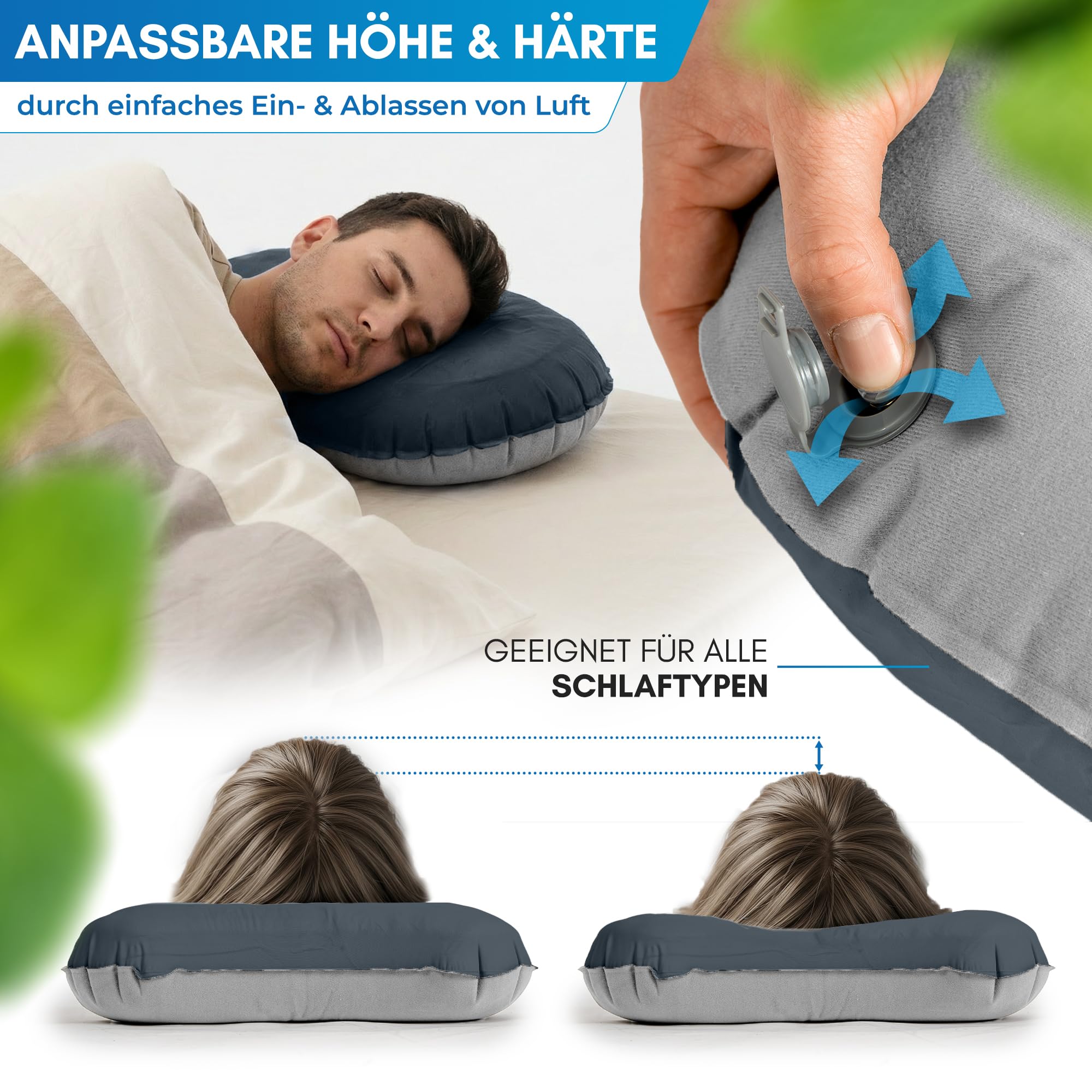 NORDMUT® Campingkissen aufblasbar [SoftSleep+] Komfortables Kissen Ultraleicht mit kleinem Packmaß – Reisekissen aufblasbar inkl. waschbarem Kissenbezug (Schwarz)