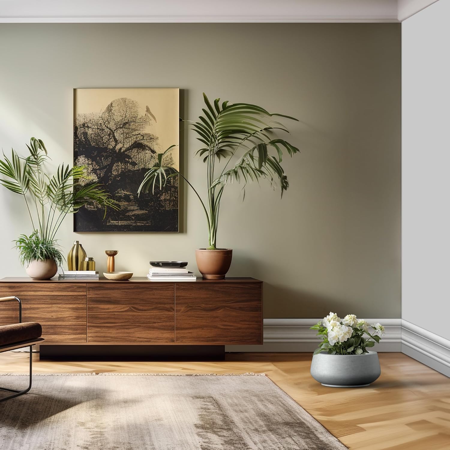 Kante 16.9" Dia Round Concrete Bonsai Planters, Outdoor Indoor Garden Plant Pot with Drainage Hole for Home, Patio, Garden, Concrete Gray Finish with Painted Interior