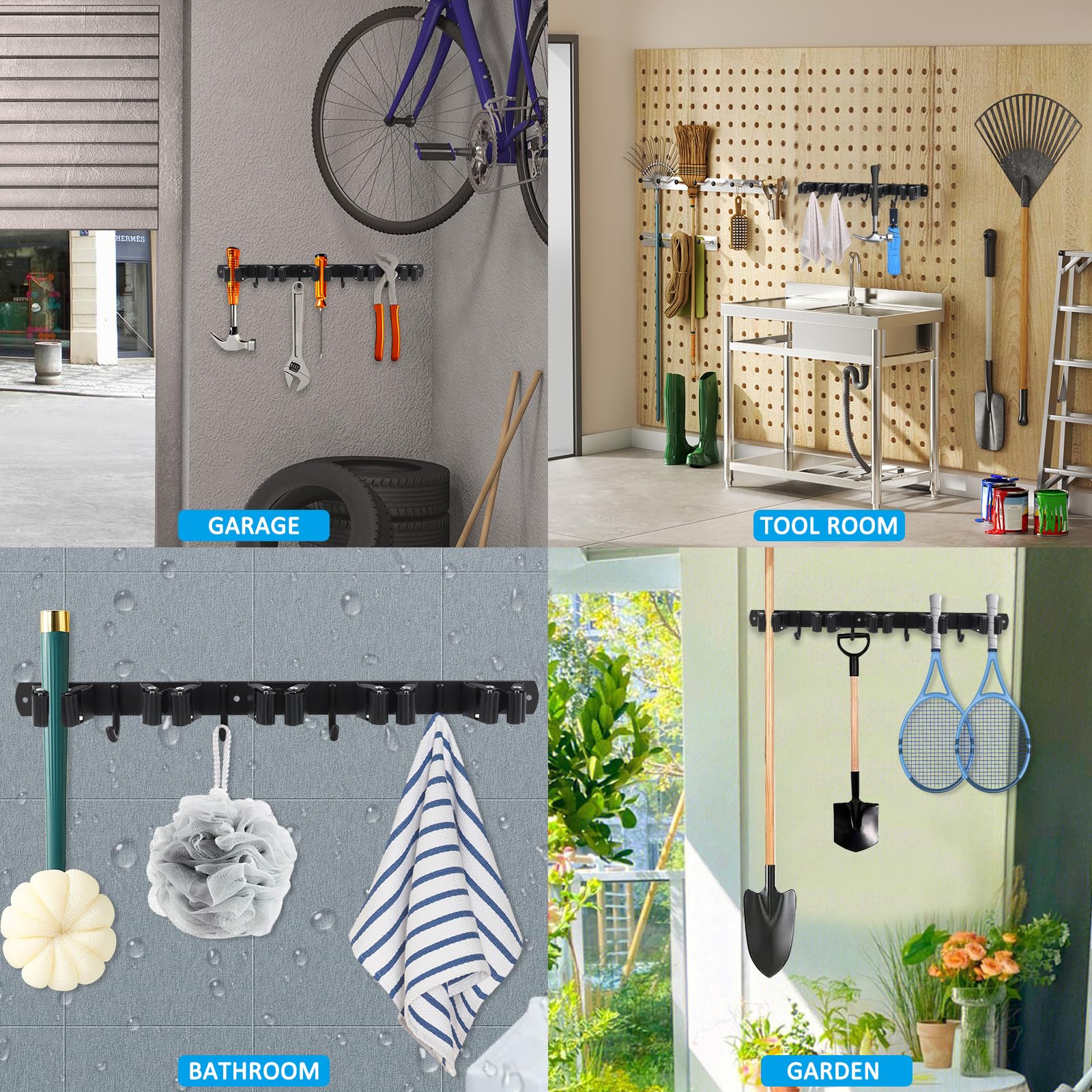 Porta Scope Parete, 5 Supporti e 4 Ganci Appendi Scope a Muro Acciaio Inossidabile per Bagno, Cucina, Garage, per Attrezzi da Giardino Nero 2 Pezzi