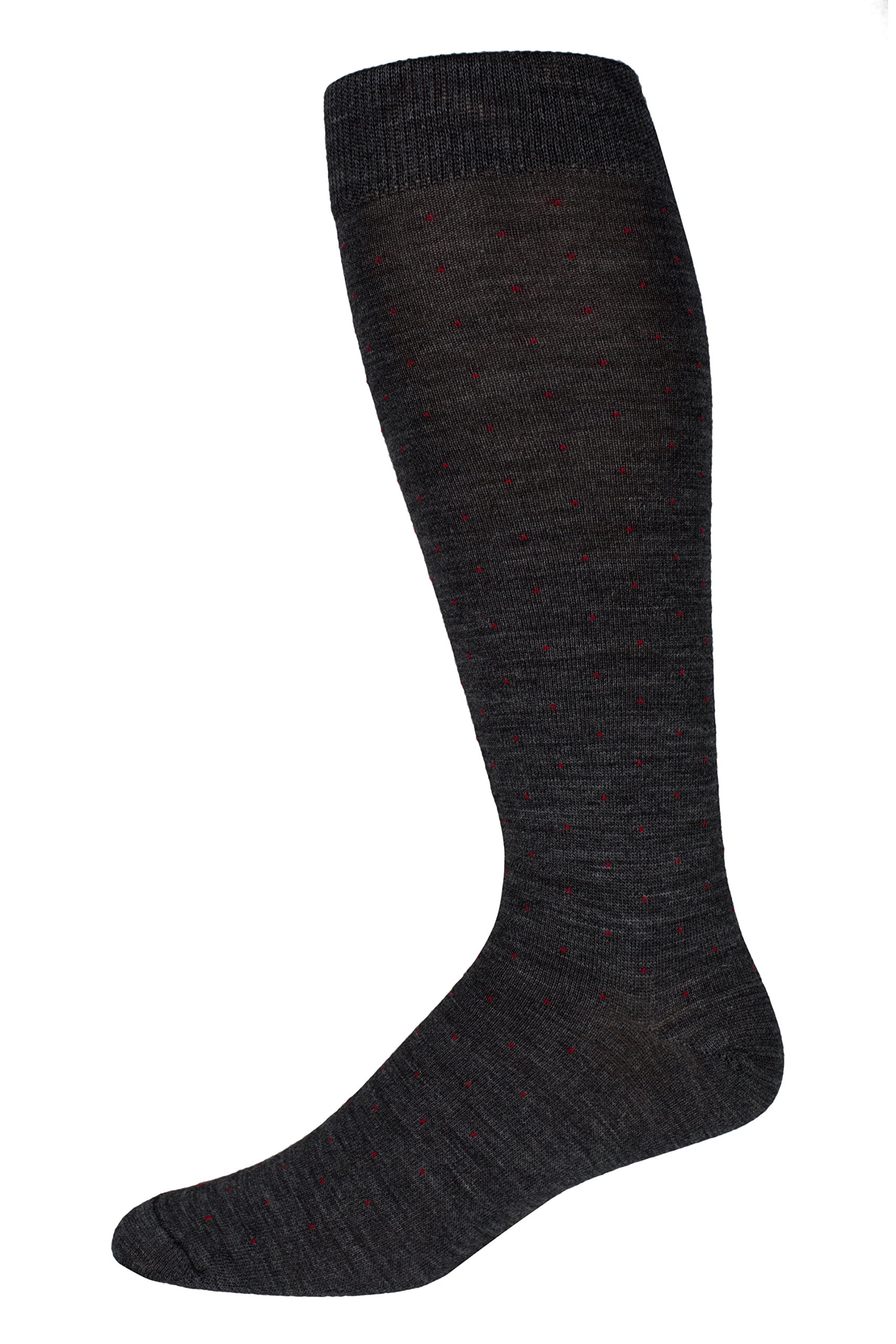 BoardroomSocks Men's Over the Calf Merino Wool Patterned Dress Socks (Grey With Red Dots)