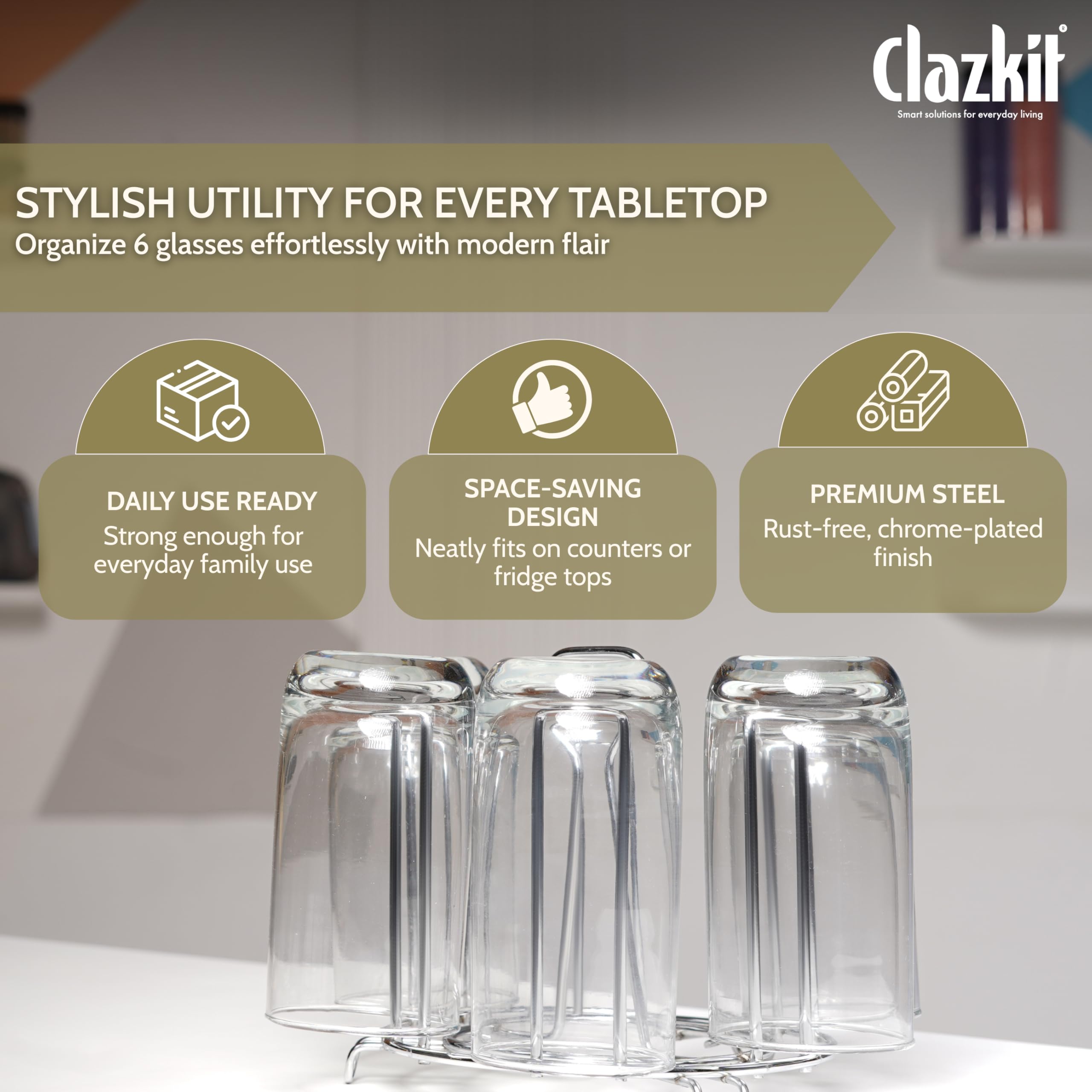 Clazkit Stainless Steel Glass Holder for 6 Glasses, Glass Stand Steel for Dining Table/Kitchen, Tumbler Holder, Pull-Out Countertop Shelves Heavy Duty - SILVER — Amazon image 3
