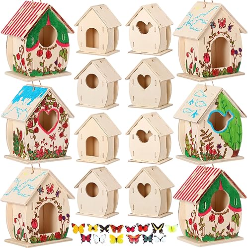Miniatura 8 de Outus 24 Pieces Wooden Bird House Kits Bulk Birdhouse Craft Kits for Kids to Build DIY 4 Shapes Unfinished Bird House with Watercolor Pen and