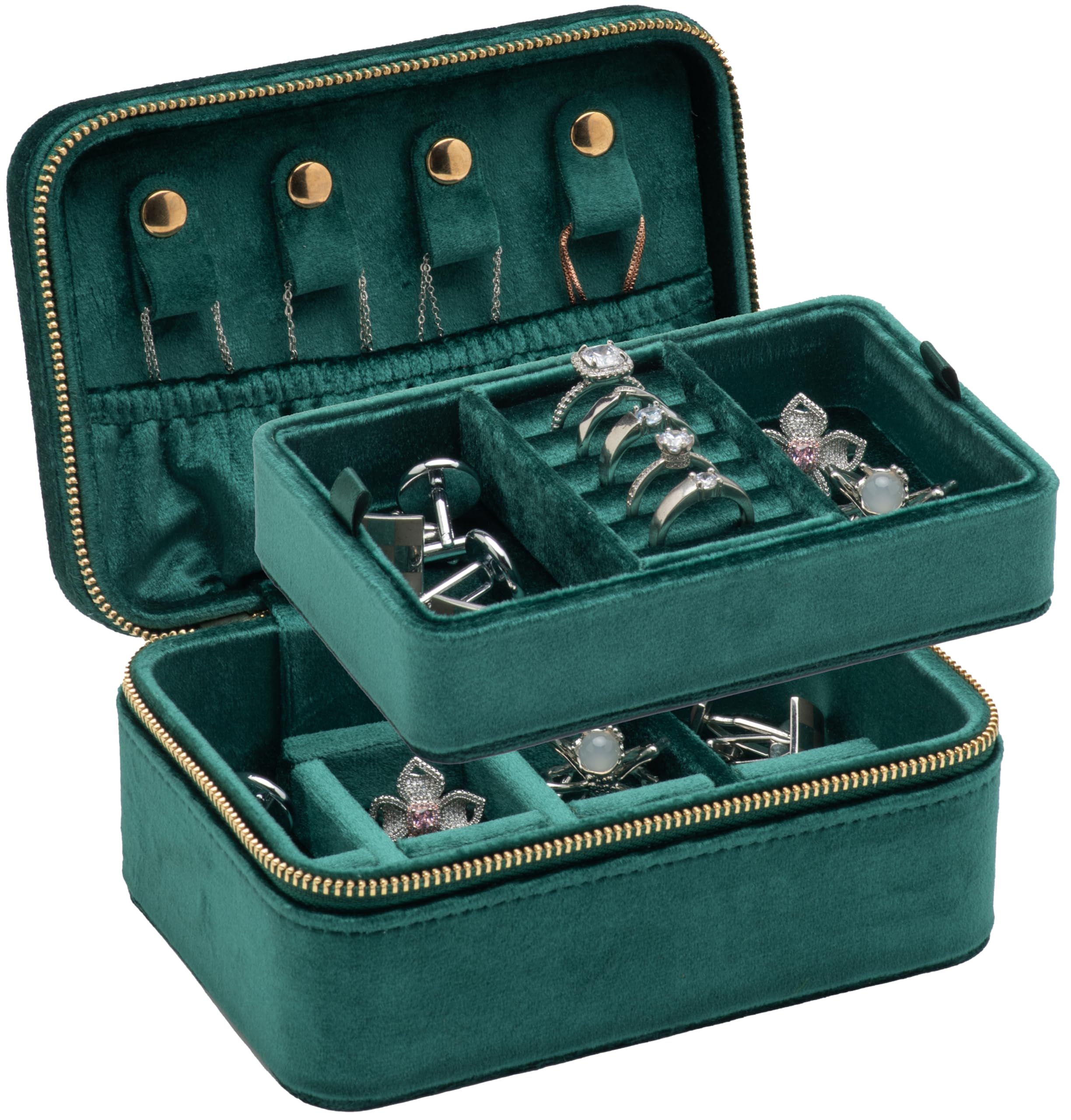 COWFEX Velvet Travel Jewelry Organizer Box with Zipper Around,Portable Travel Accessory Jewelry Display Tray Holder Storage Box for Multiple Earrings Rings Necklaces Bracelets (Green)