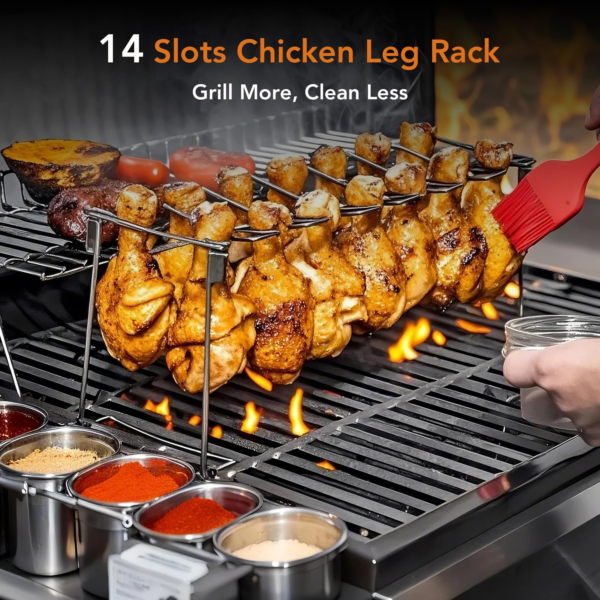 Perchero de patas de pollo para parrilla con 14 ranuras, juego de 2 piezas de acero inoxidable de grado profesional, soporte para muslos de pollo, estante de metal para ahumador, horno y 2