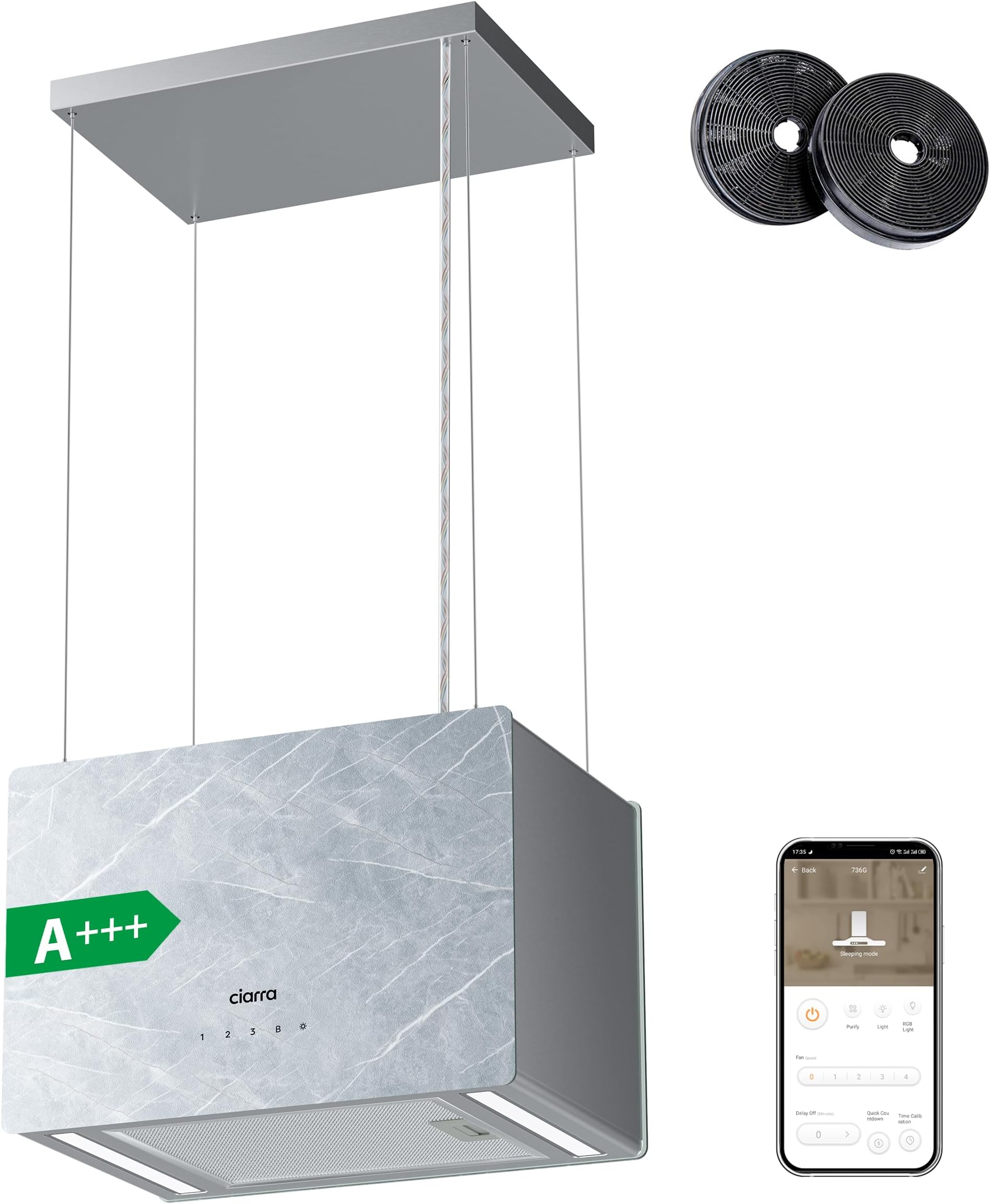 Ciarra Pinnacle Island Cooker Hood 48cm 700m³/ h Airflow CBCW4850 WiFi APP Touch Control Ceiling Hood 4-Speed with Booster Ivory Mist Marble Recirculating Kitchen Extractor Fan