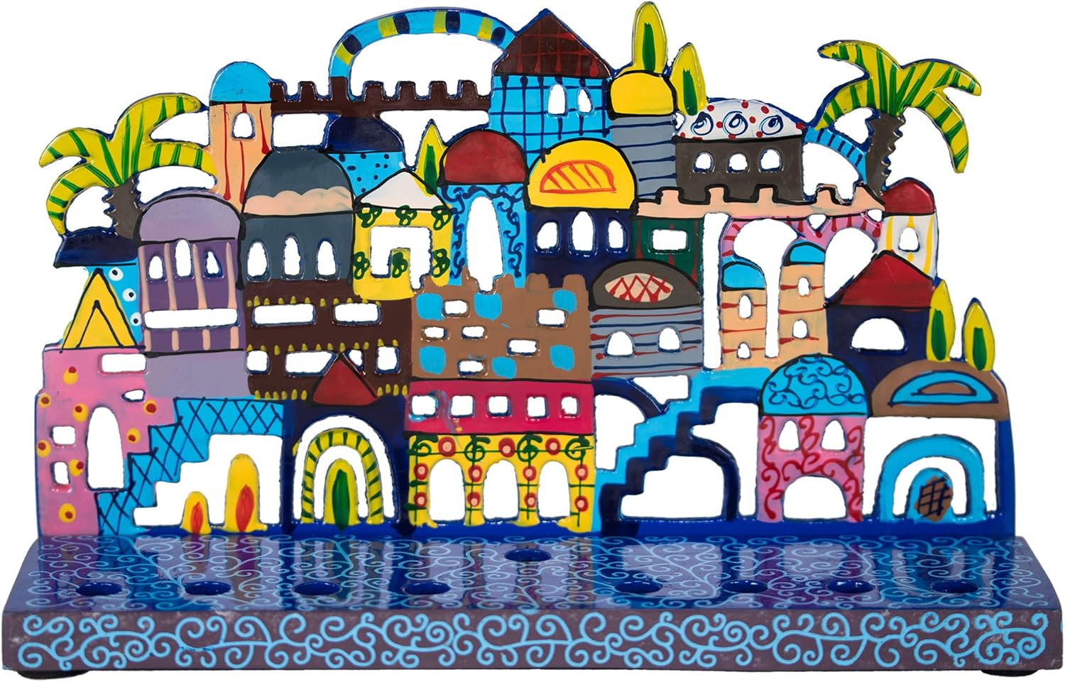 Jerusalem Laser Cut Metal Hanukkah Menorah by Yair Emanuel