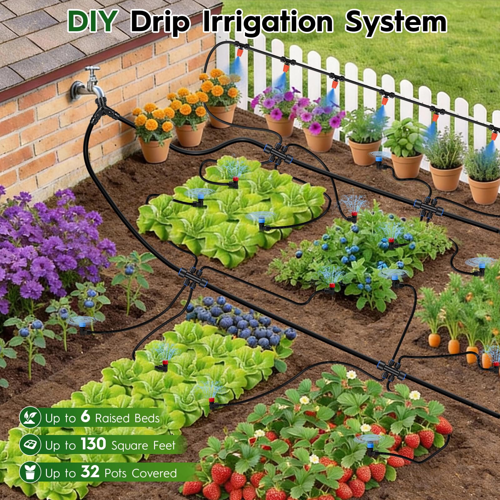 4,8 m Quick-Connect-Tropfbewässerungssystem | 1 cm & 30 Fuß 0,6 cm Schlauch, Tropfbewässerungsset mit verstellbaren Düsen, automatisches Gartenbewässerungssystem