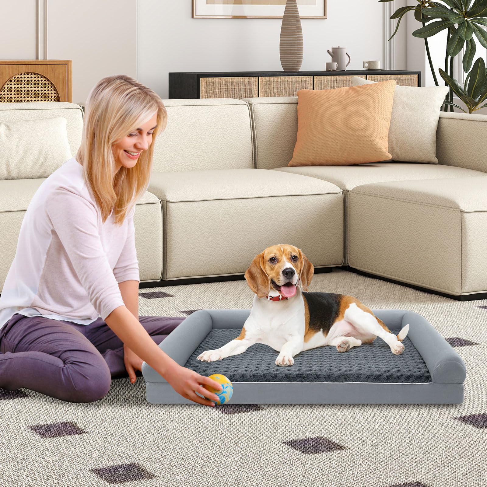 COSTWAY Cuccia Cane Interno in Schiuma, Brandina per Cani con Cuscino, Copertura Rimovibile e Tessuto Interno Impermeabile, Lettino per Animali Domestici, Grigio (122 x 89 x 18 cm)