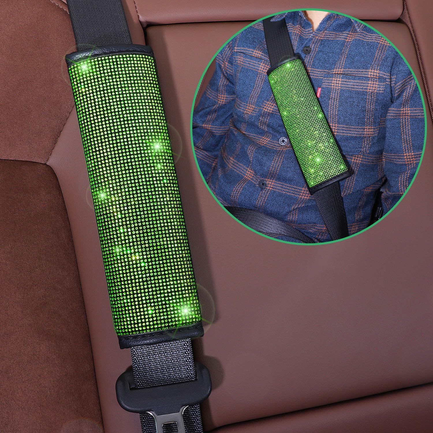Steering Wheel Cover for Women 15 inch Set of 7,Crystal Diamond Rhinestone Green Bling Car Accessories,Seat Belt Cover,Gear Shift Cover,Push Start Bling Ring,Cup Coaster,Grass Green