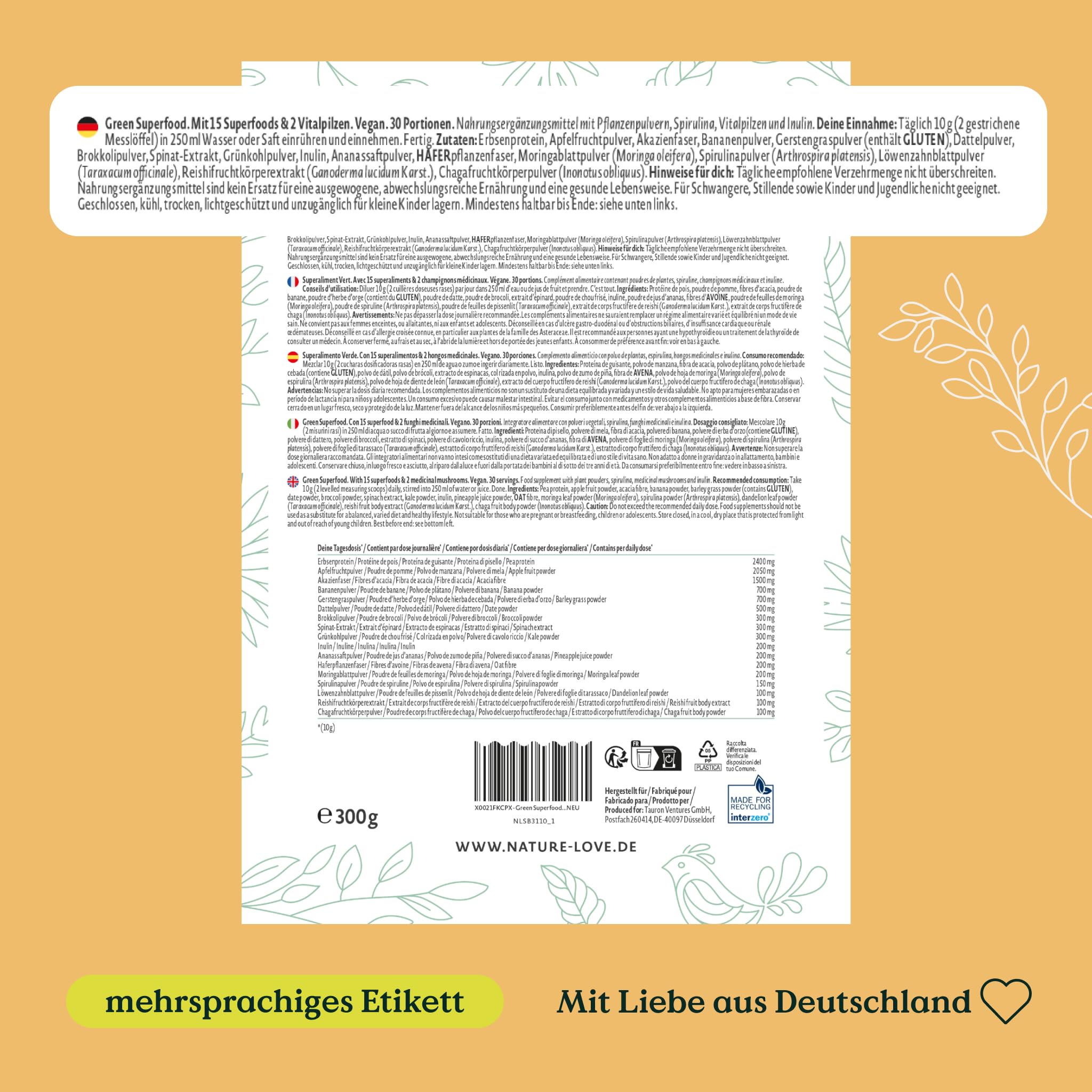 NATURE LOVE® Green Superfood - 300g - 15 Superfoods und 2 Vitalpilze - u.a. mit Gerstengras, Spirulina & Moringa - Greens Pulver ohne Aromen, Süßstoffe oder zugesetzten Zucker - vegan & laborgeprüft